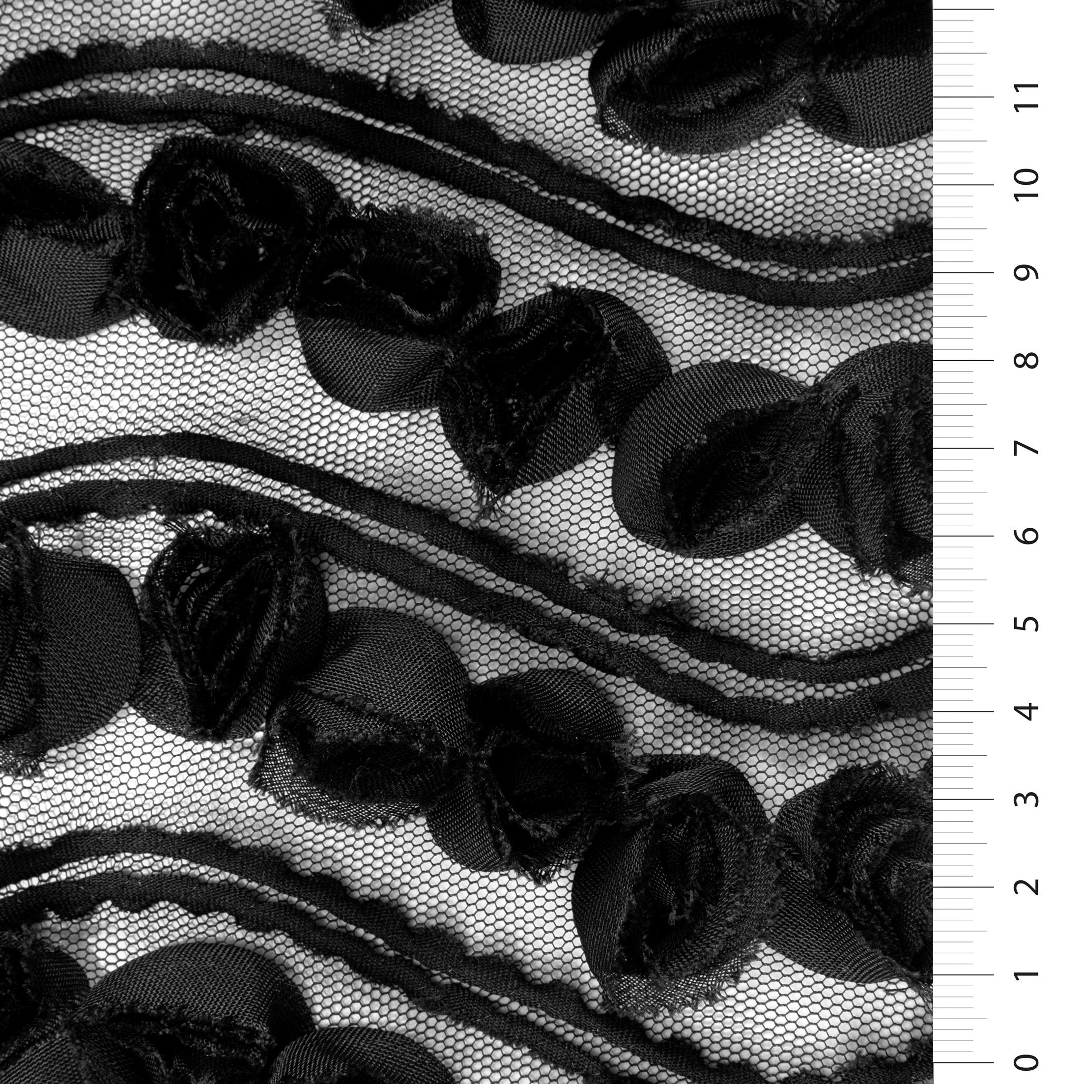 Siyah 3D Şifon Gül Nakış Kumaş | Burç Kumaş
