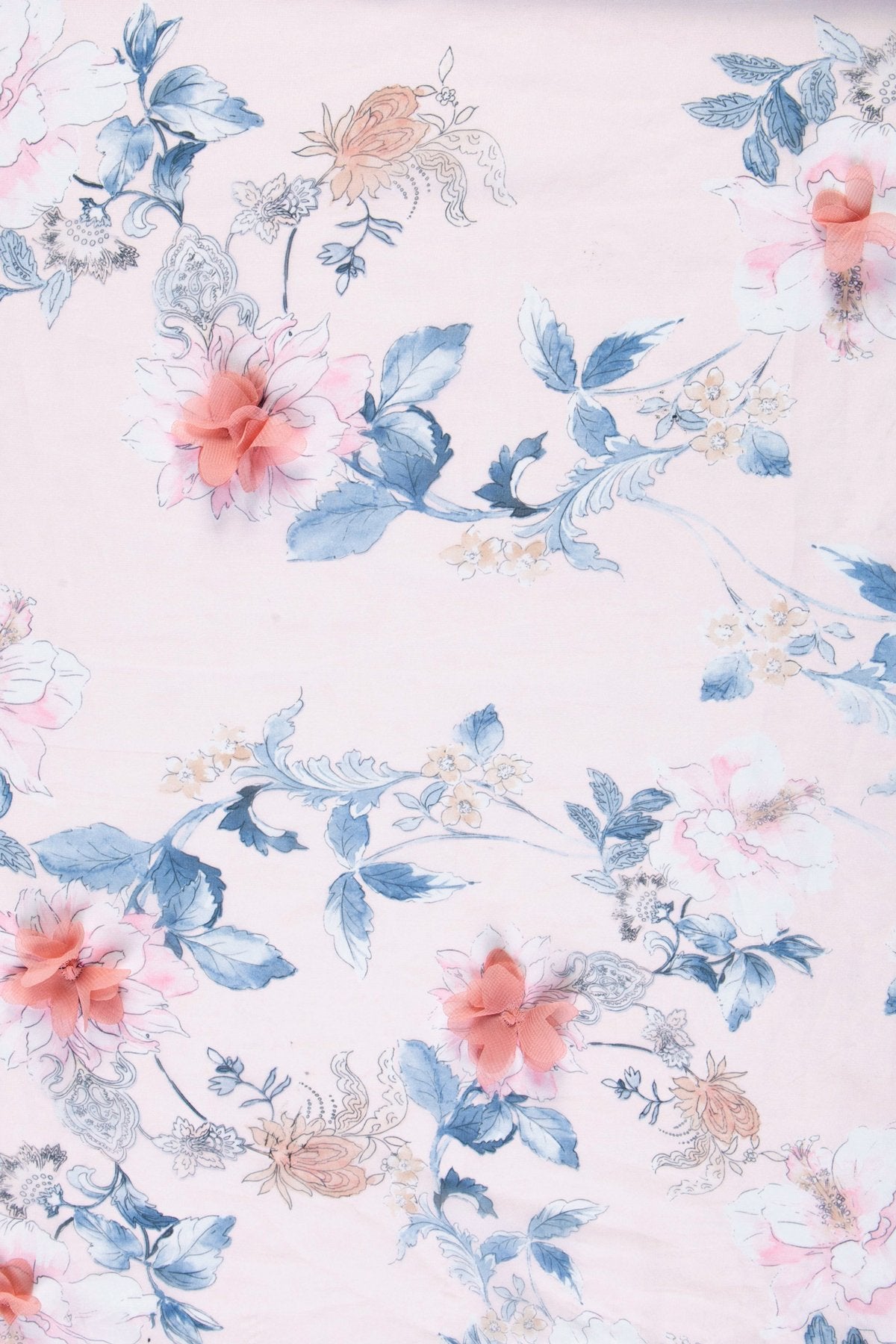 Mavi 3D Çiçek Baskı Tasarımı Nakış Dokuma Kumaş | Burç Kumaş