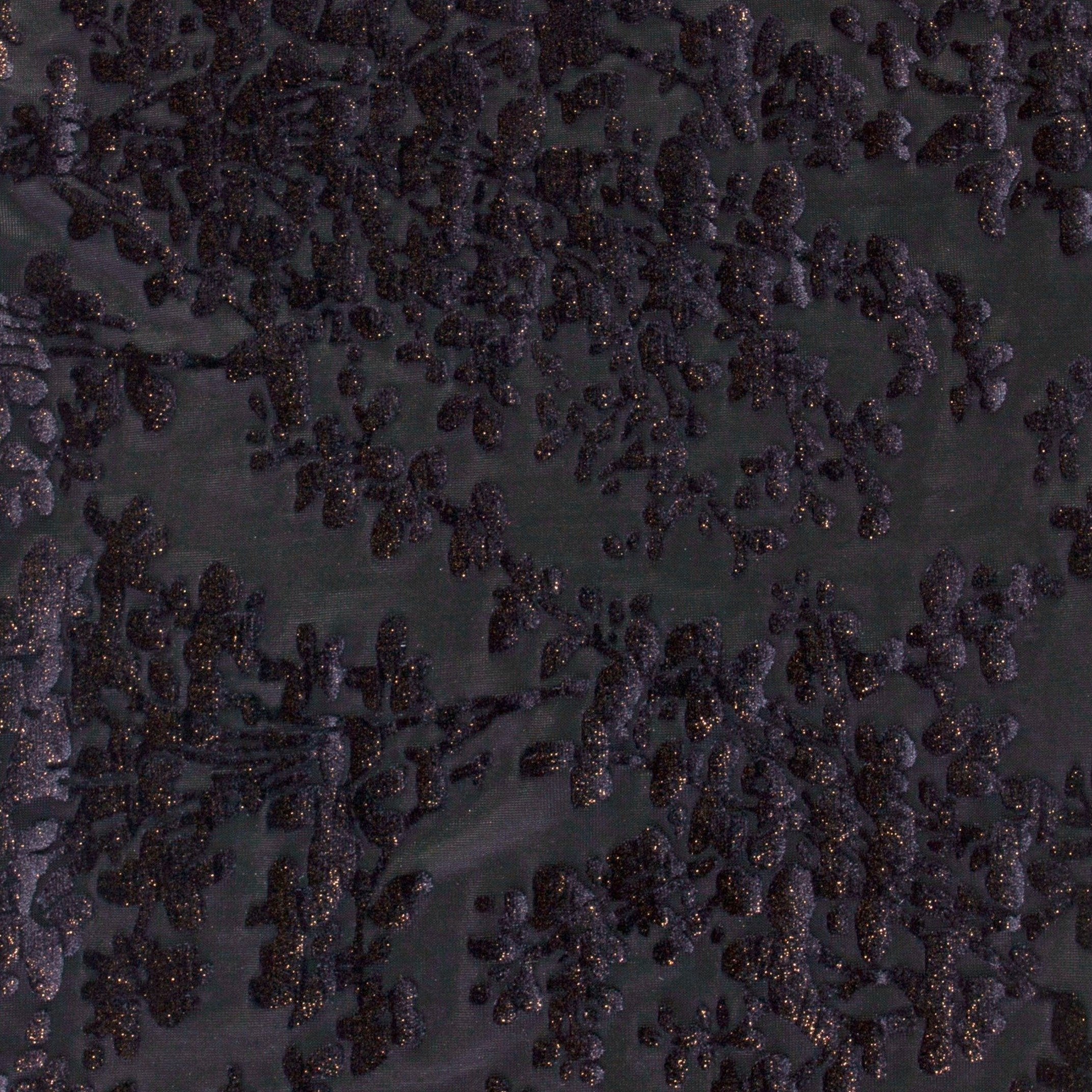 Siyah Metalik Folyo Baskı Kadife Çiçekli Yakma Kumaş | Burç Kumaş