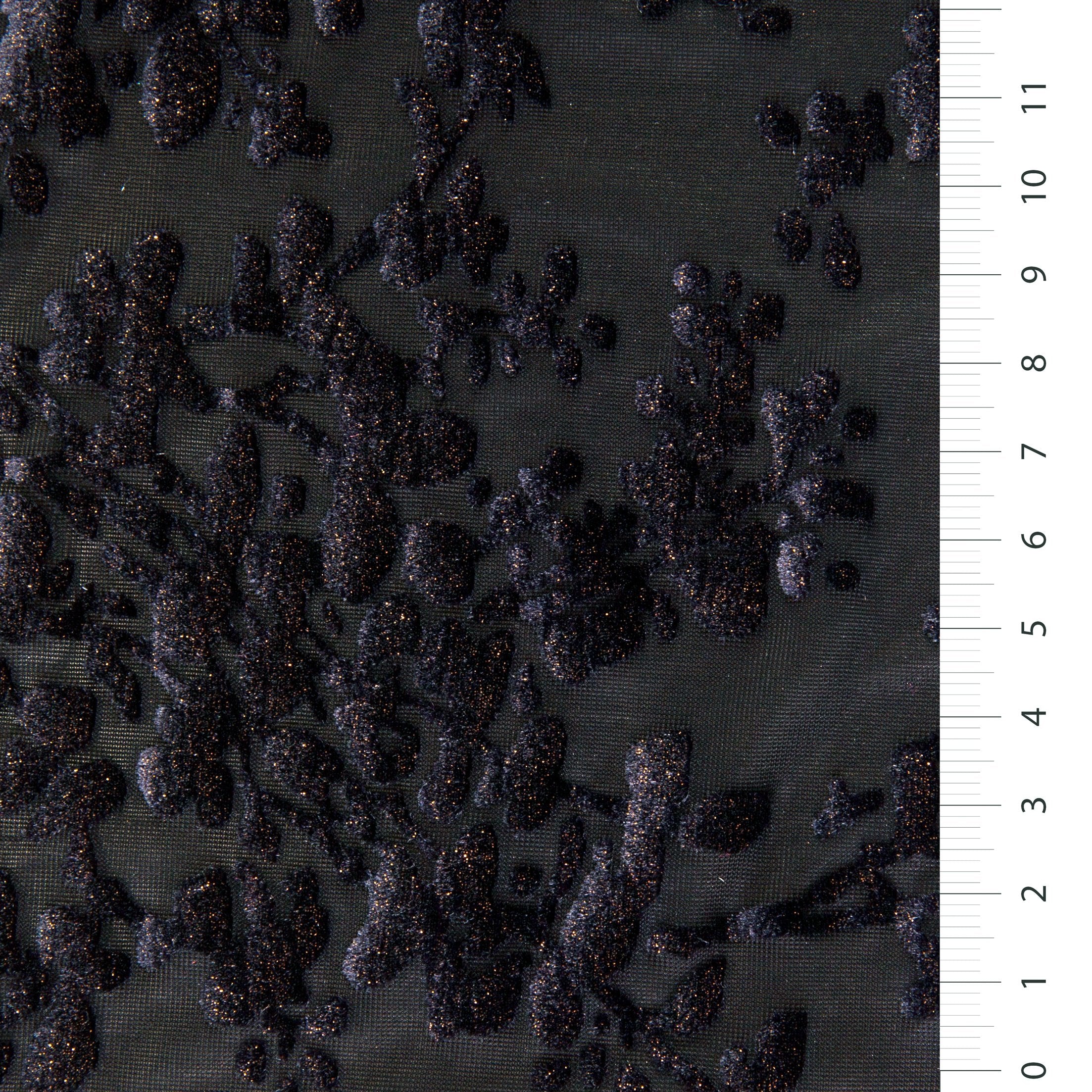 Siyah Metalik Folyo Baskı Kadife Çiçekli Yakma Kumaş | Burç Kumaş