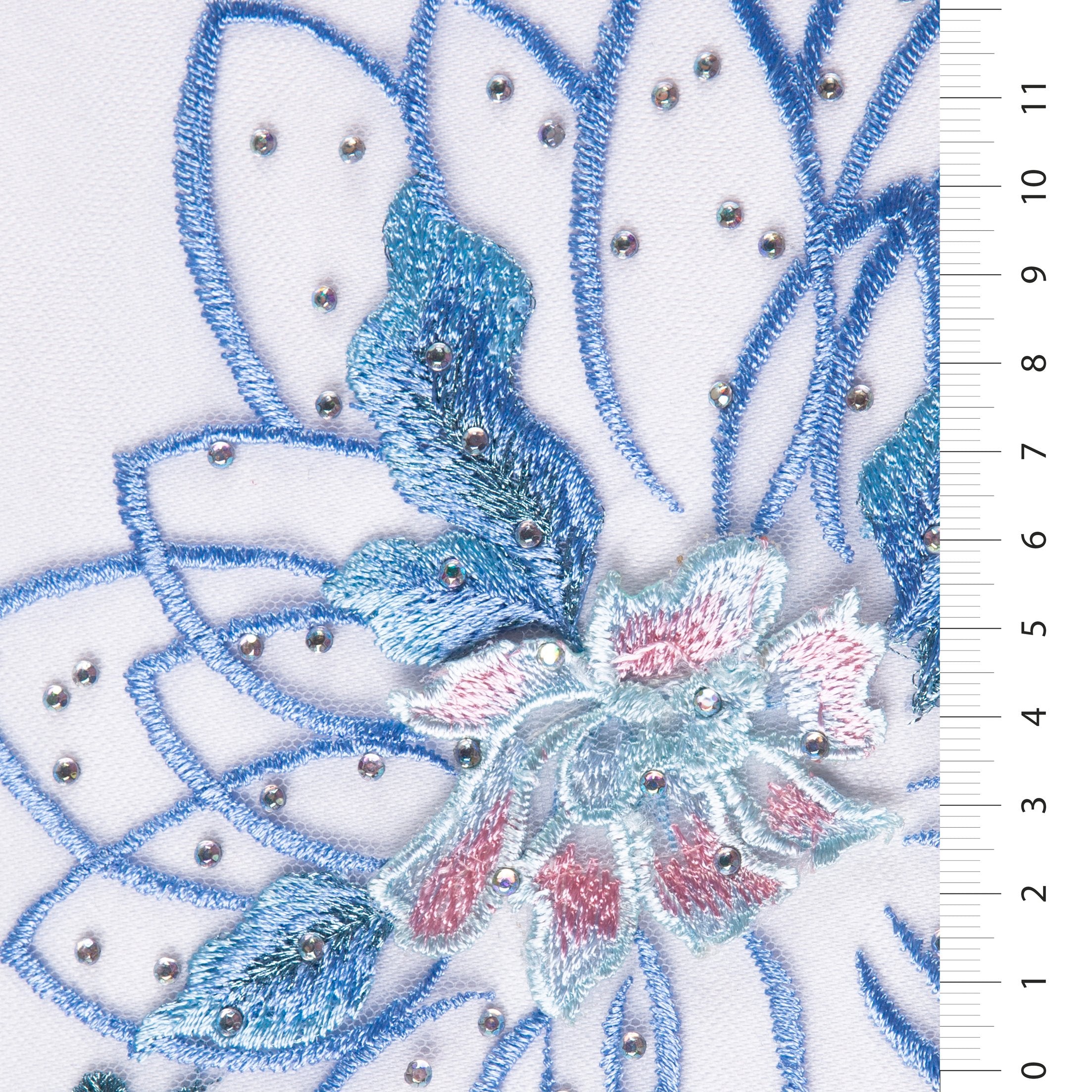 Mavi 3D Çiçek Tasarım Boncuklu İplik Nakış Örgü Kumaş | Burç Kumaş