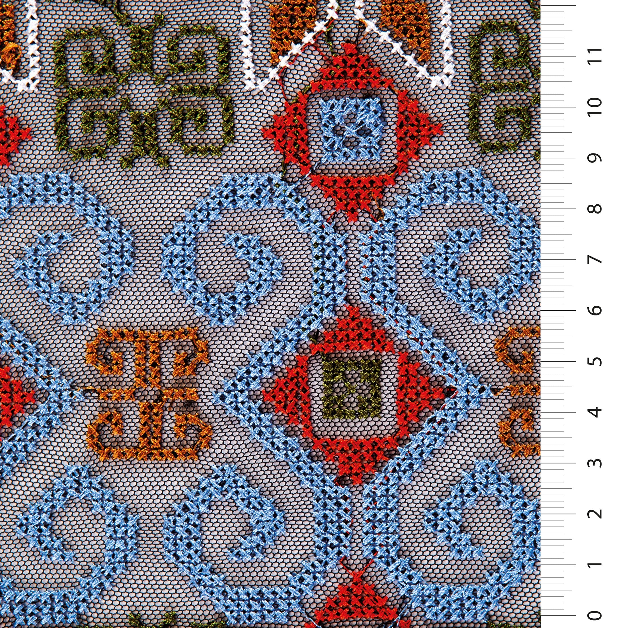 Mavi-Kırmızı Aztek Tasarımlı Örgü İplik Nakışlı Kumaş | Burç Kumaş