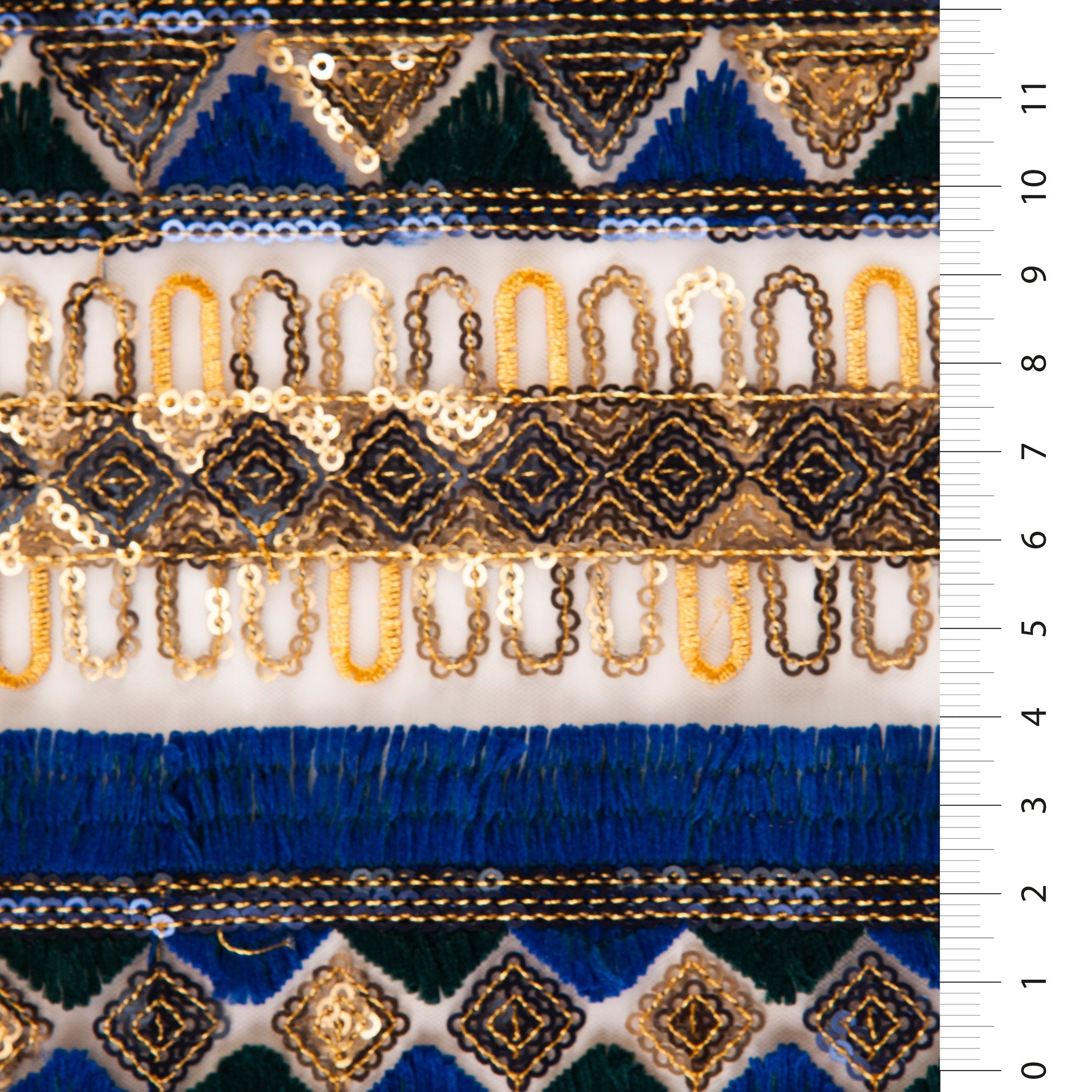 Mavi Saçaklı Çizgili Etnik Tasarım Altın Pul Nakış Kumaş | Burç Kumaş