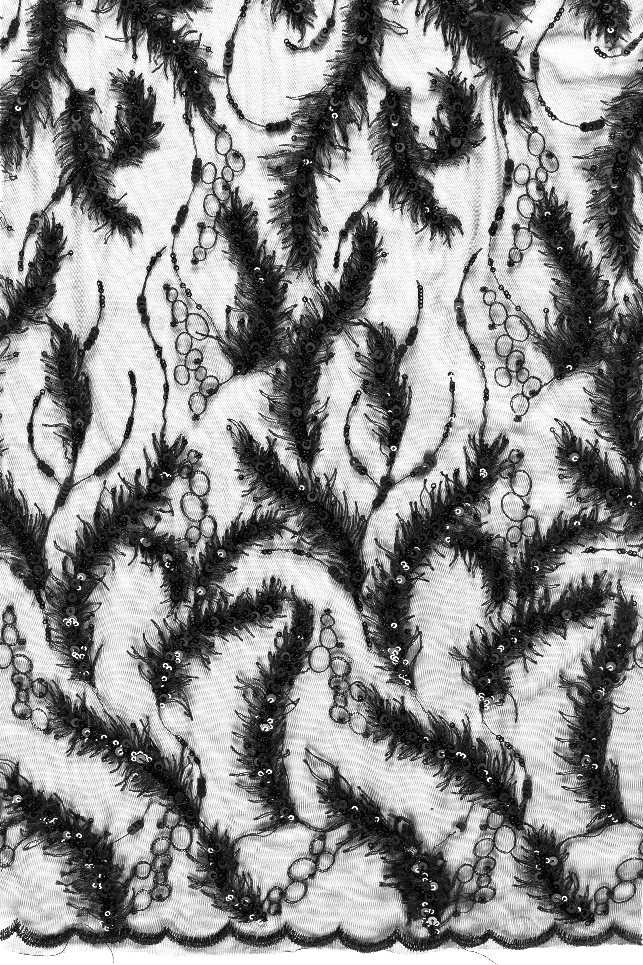 Siyah 3D Küçük Saçaklı Çiçek Tasarım Pullu Nakış Kumaş | Burç Kumaş