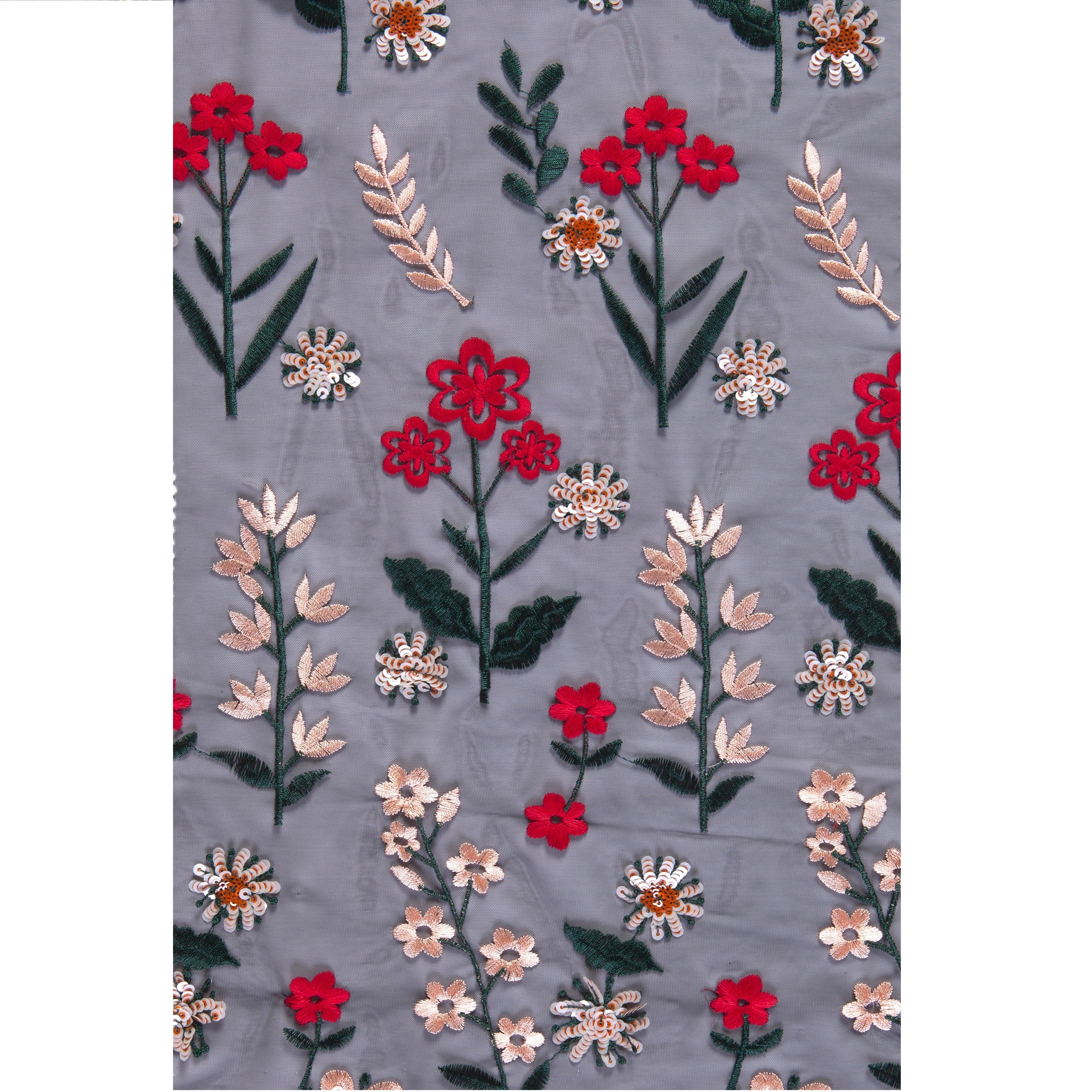 Çok Renkli Çiçekli Pullu İplik Nakışlı Örme Tül Sarı Kumaş