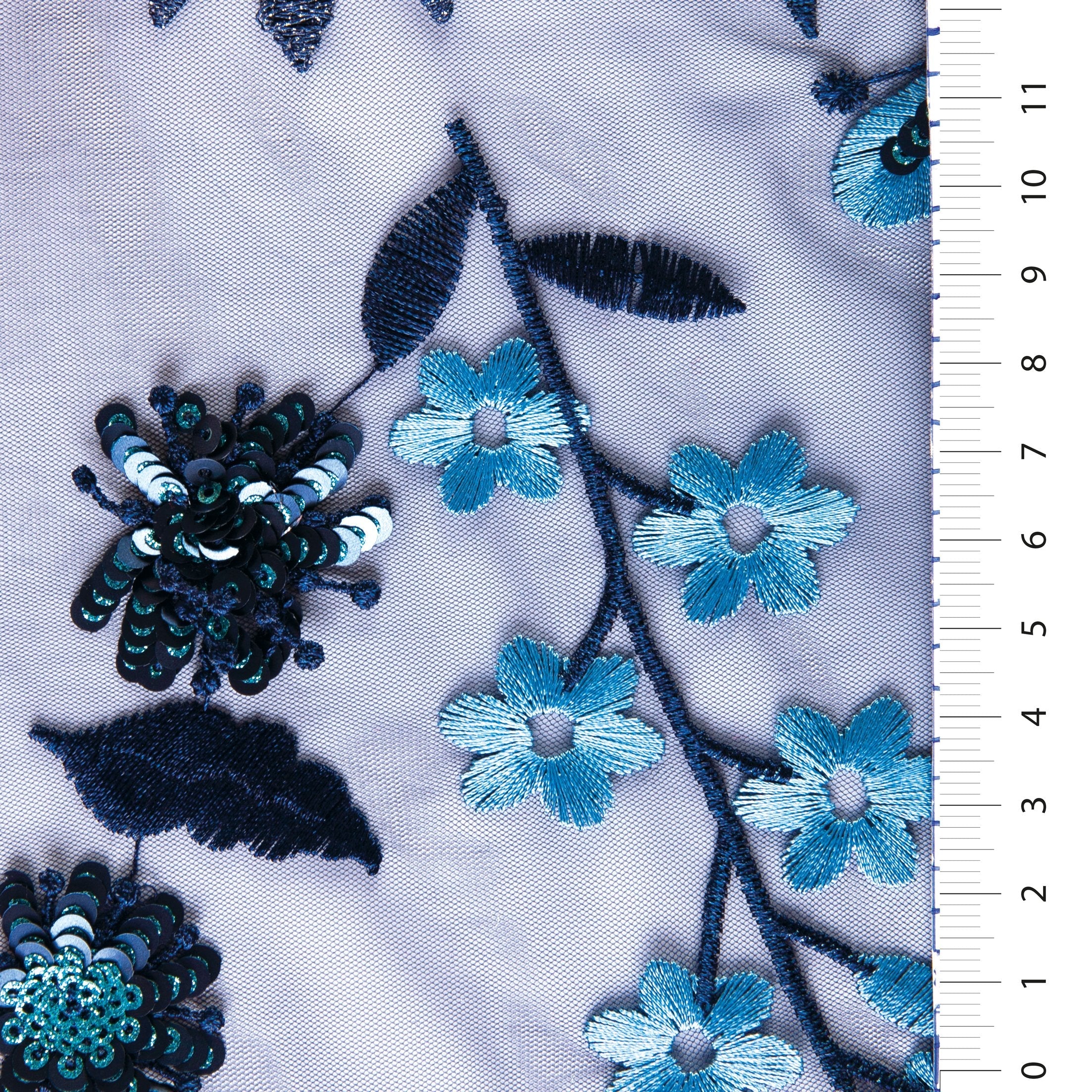 Çok Renkli Çiçekli Pullu İplik Nakışlı Örme Tül Sarı Kumaş