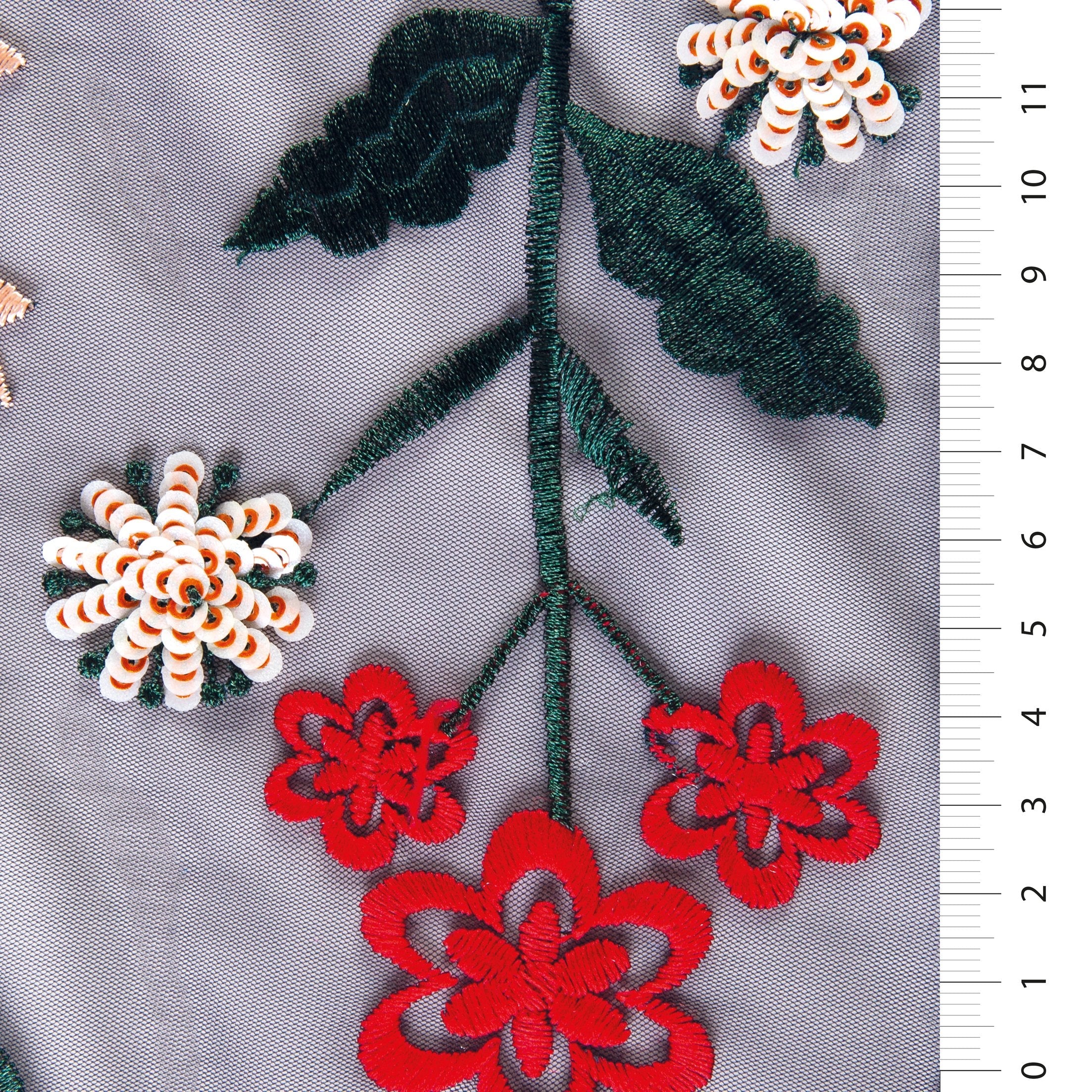 Çok Renkli Çiçekli Pullu İplik Nakışlı Örme Tül Sarı Kumaş