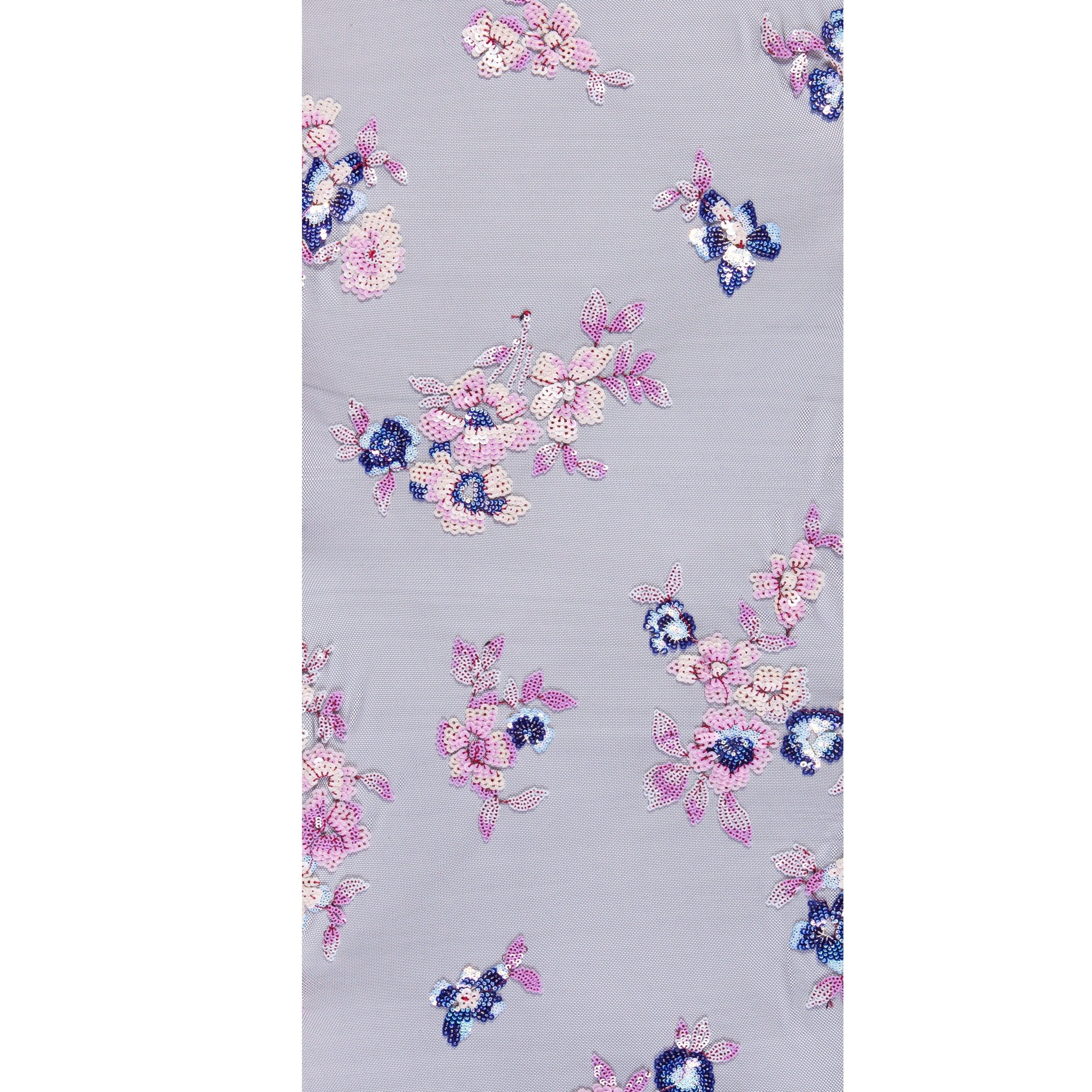 Pembe Çiçekli Renkli Payet İşlemeli Örgü Tül Kumaş | Burç Kumaş