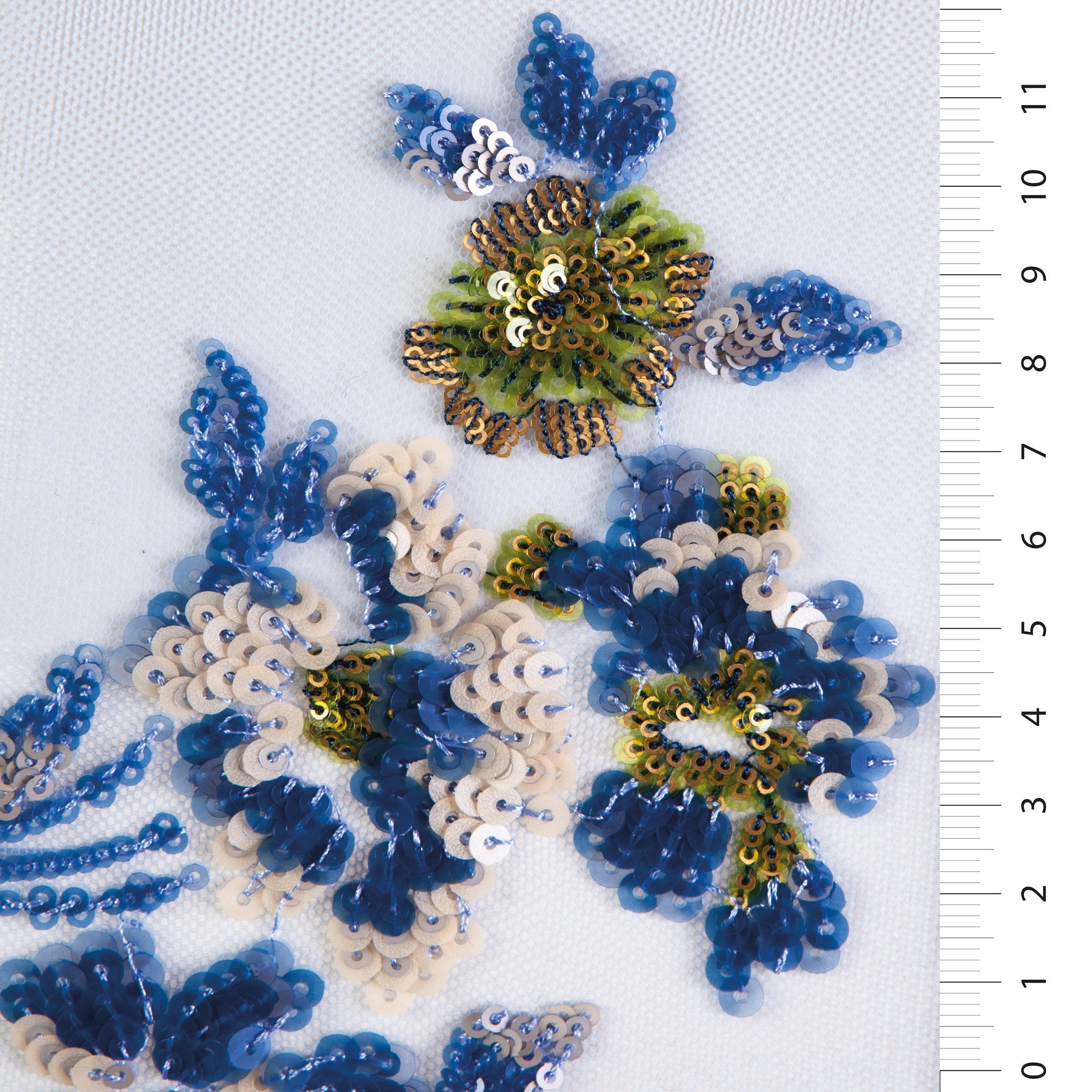 Bebek Mavisi Çiçekli Renkli Payet İşlemeli Örgü Tül Kumaş | Burç Kumaş
