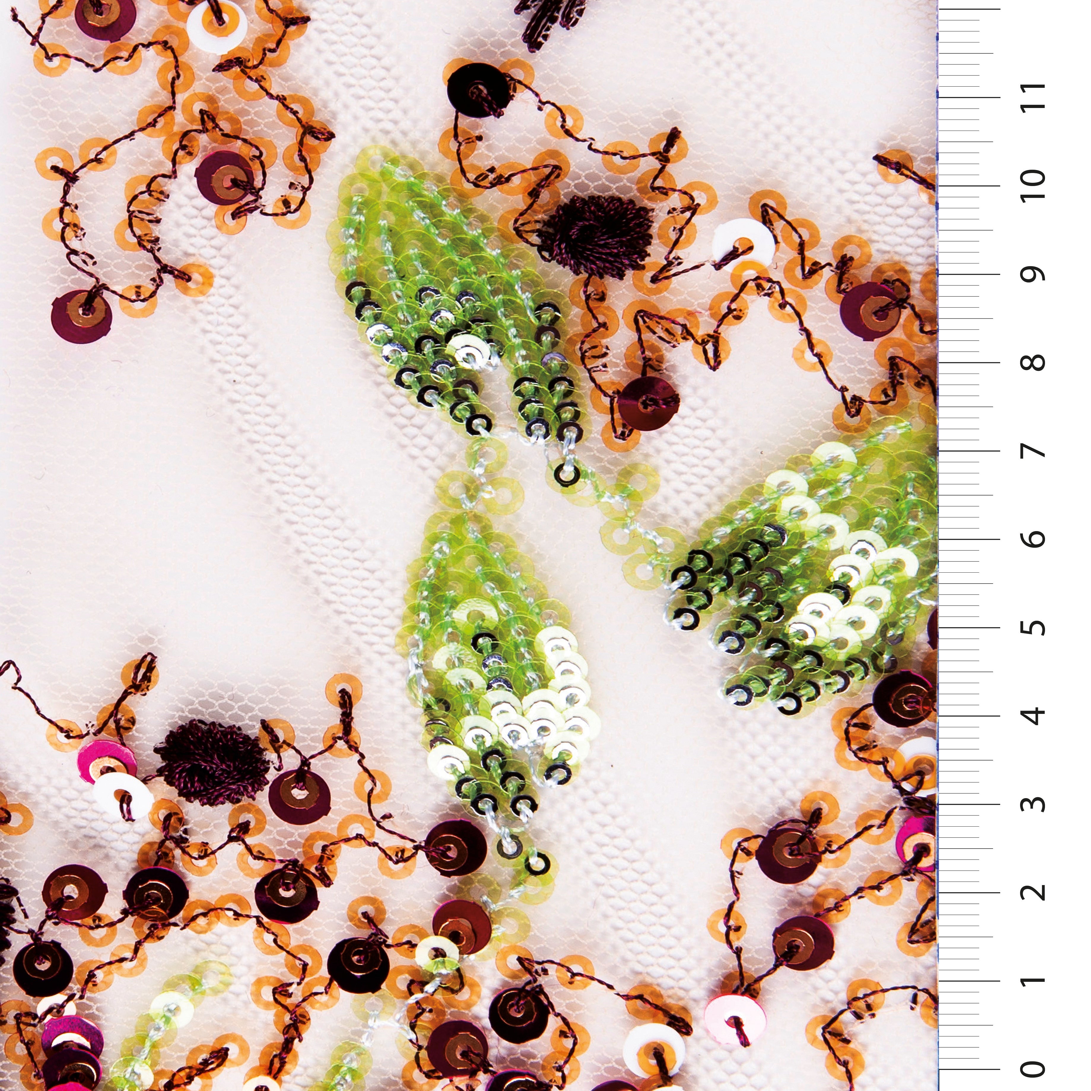 Çiçek Tasarım Renkli Pullu Nakış Örgü Tül Kumaş