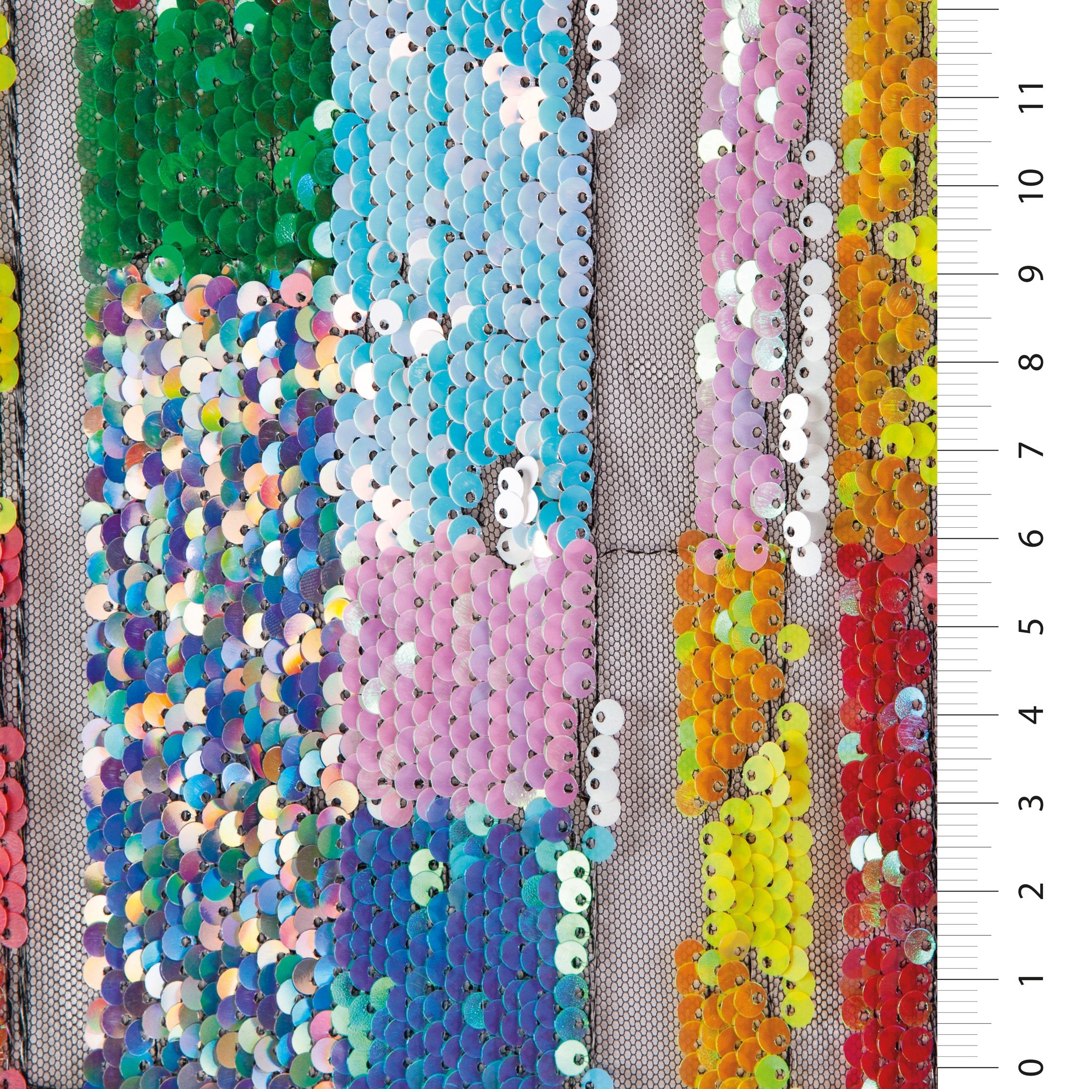 Sarı-Kırmızı Şeffaf Şerit Pul Nakışlı Tül Kumaş | Burç Kumaş