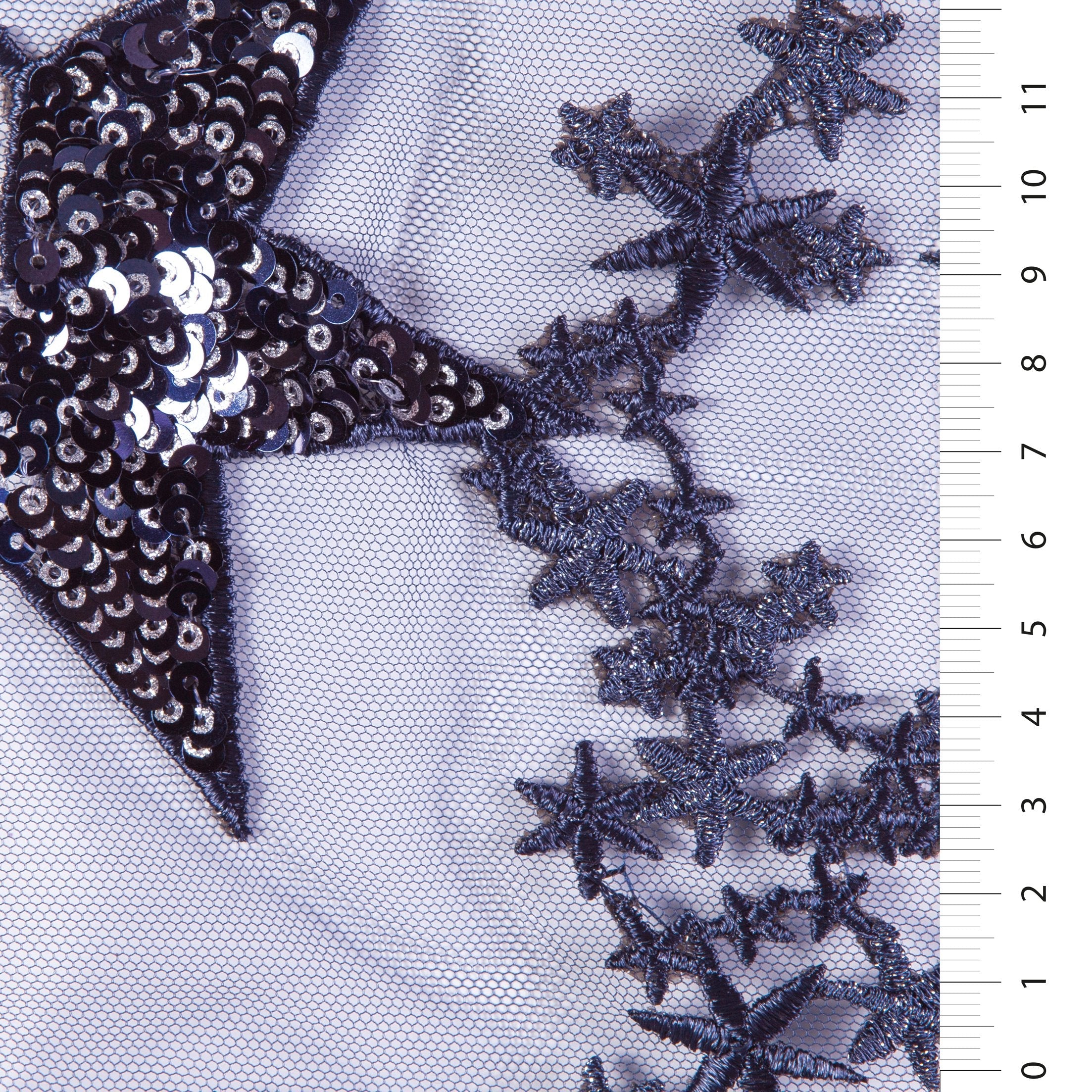 Gümüş Parlak Yıldız Payet İşlemeli Kumaş | Burç Kumaş