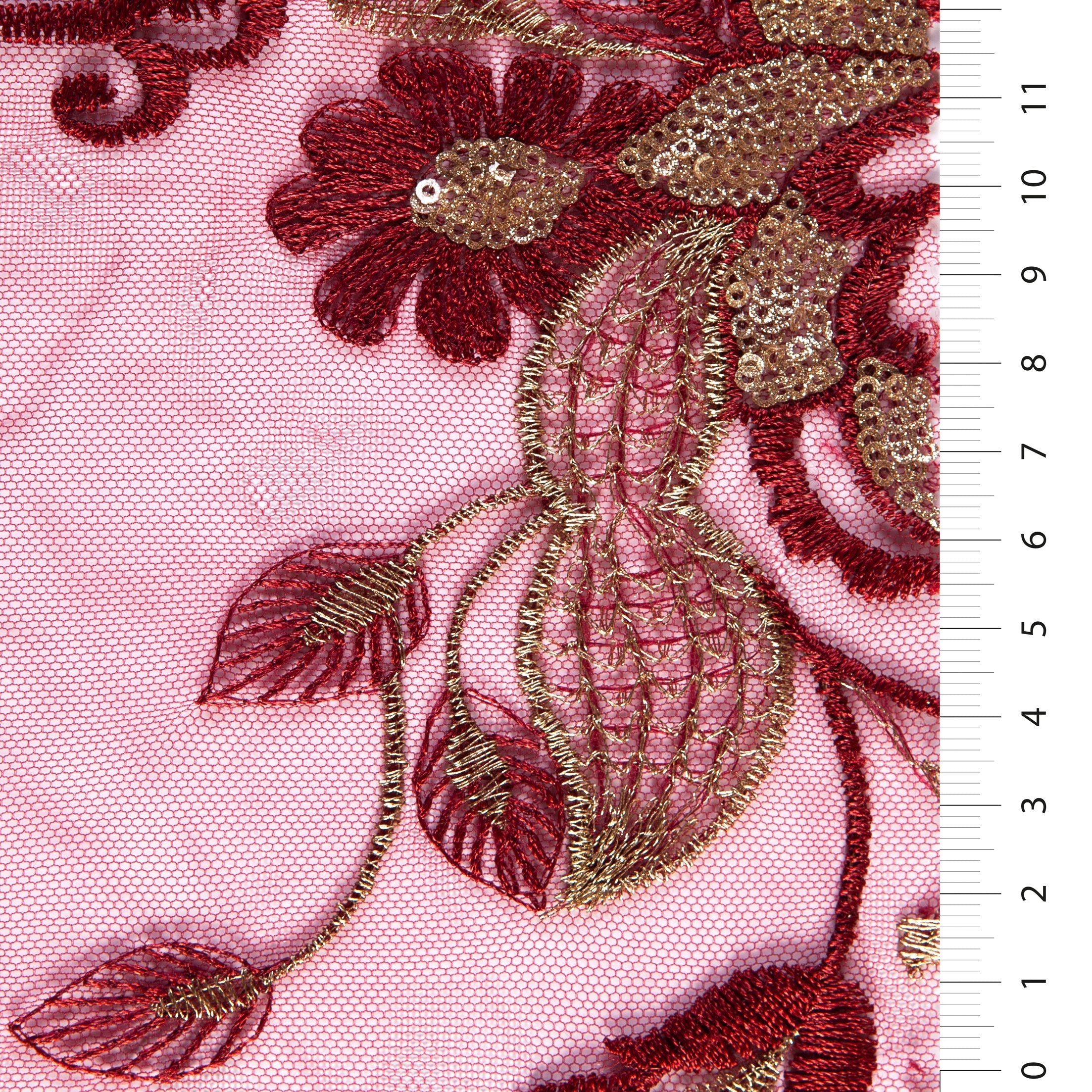 Bordo Kına Tarzı Simli Çiçekli Payet İşlemeli Kumaş | Burç Kumaş