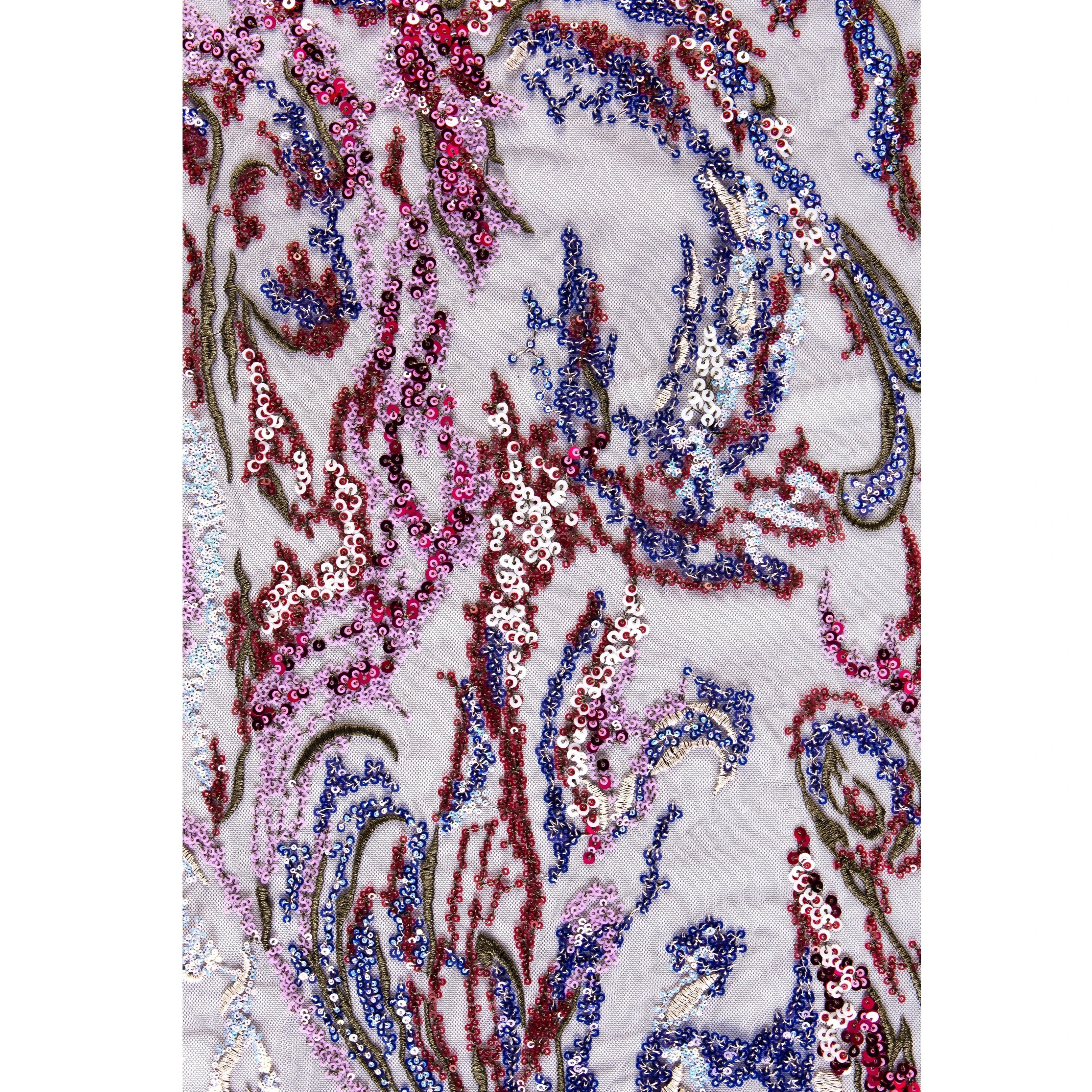 Ten Çiçek Tasarım Renkli Payetli İplik Nakışlı Tül Kumaş | Burç Kumaş