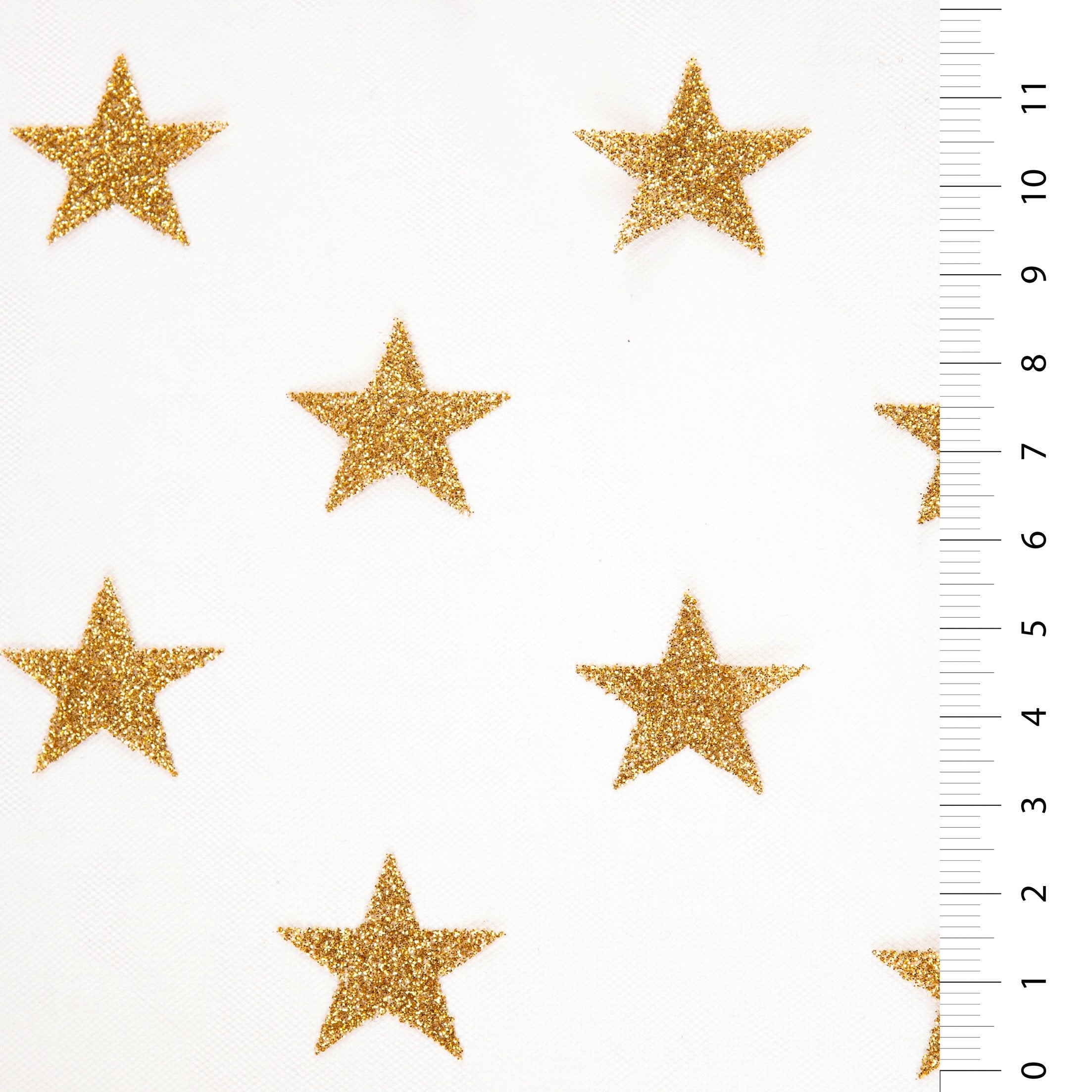 Flok Baskı Metalik Yıldız Desenli Siyah- Altın Örgü Tül Kumaş