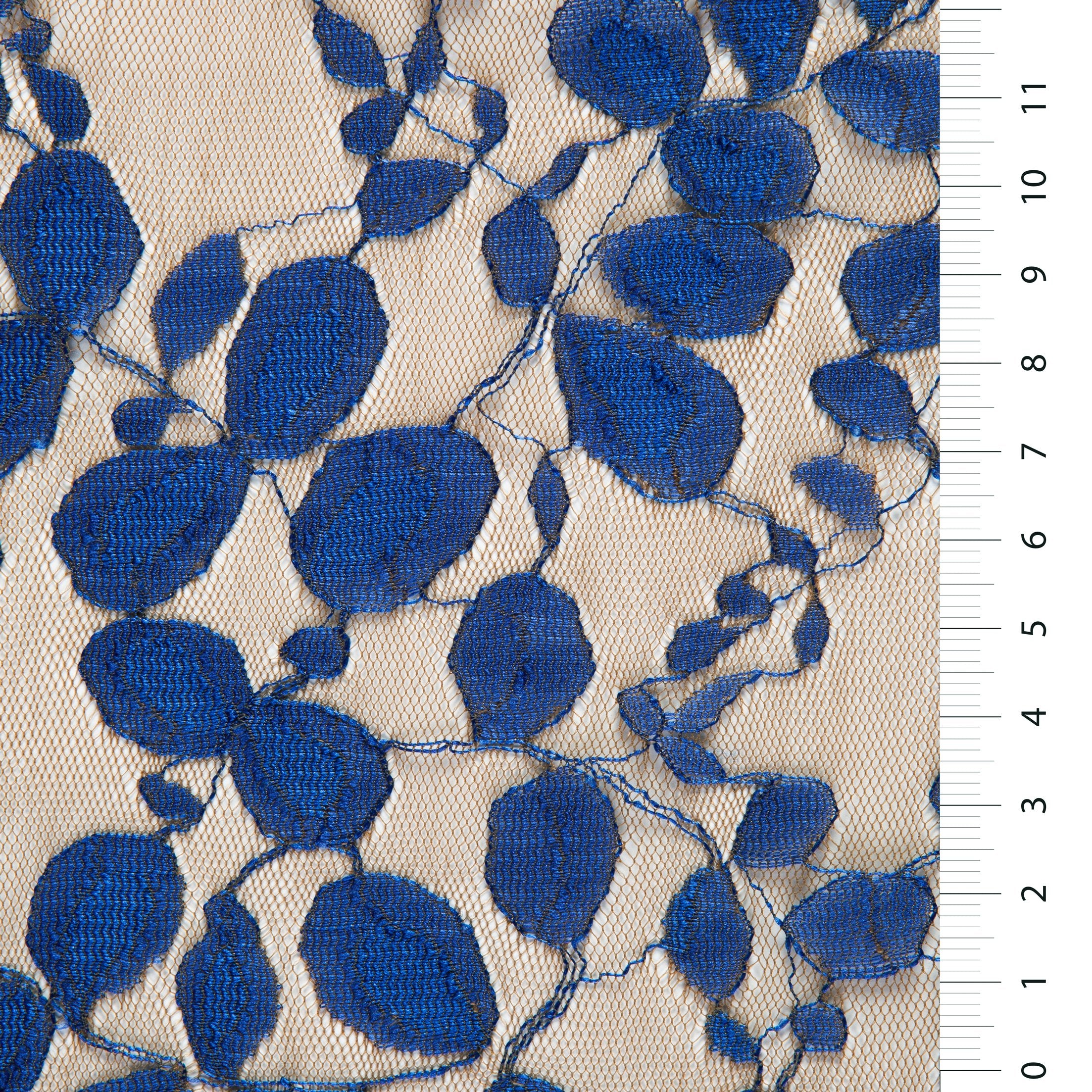 Lacivert Yaprak Tasarım Dantel Nakışlı Örgü Kumaş | Burç Kumaş