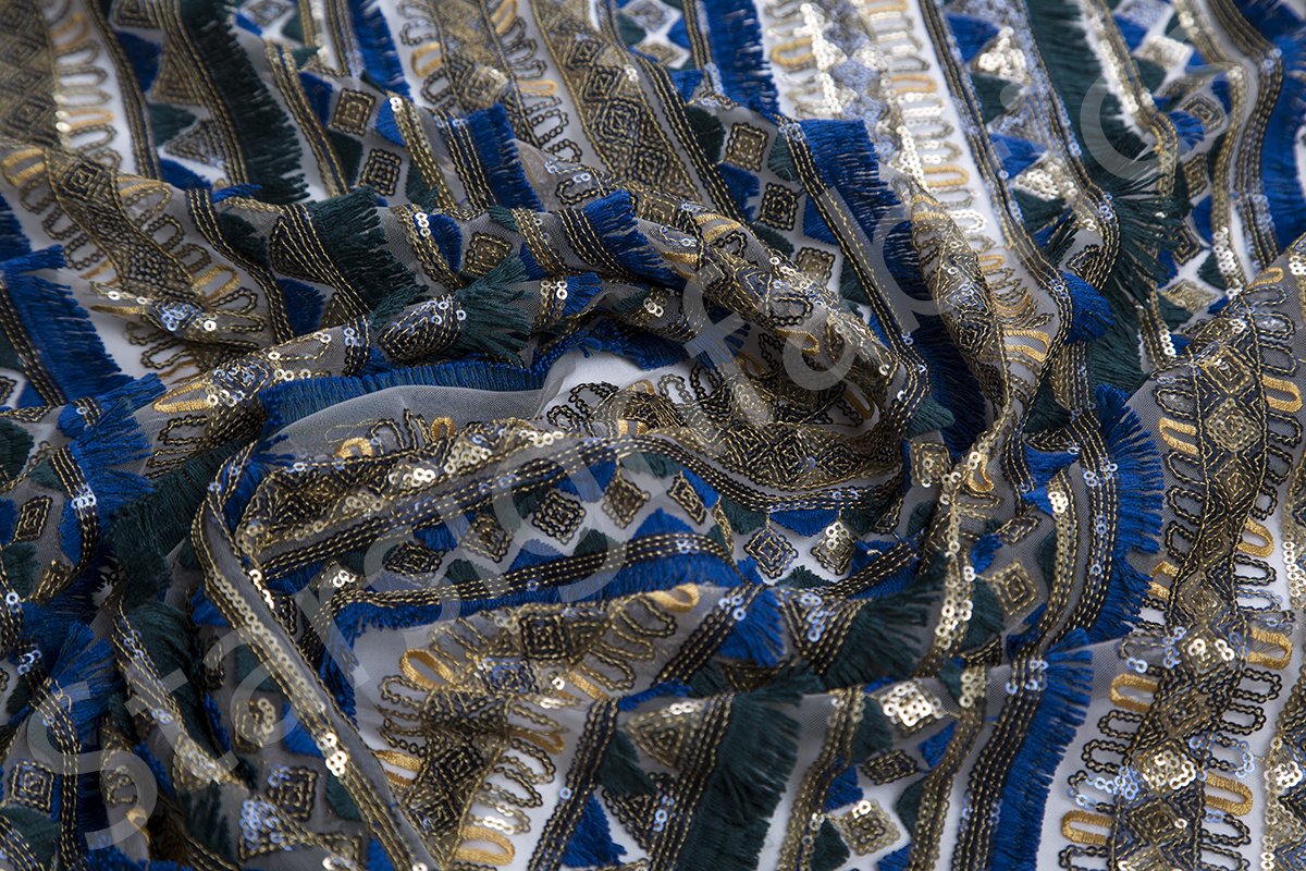 Mavi Saçaklı Çizgili Etnik Tasarım Altın Pul Nakış Kumaş | Burç Kumaş