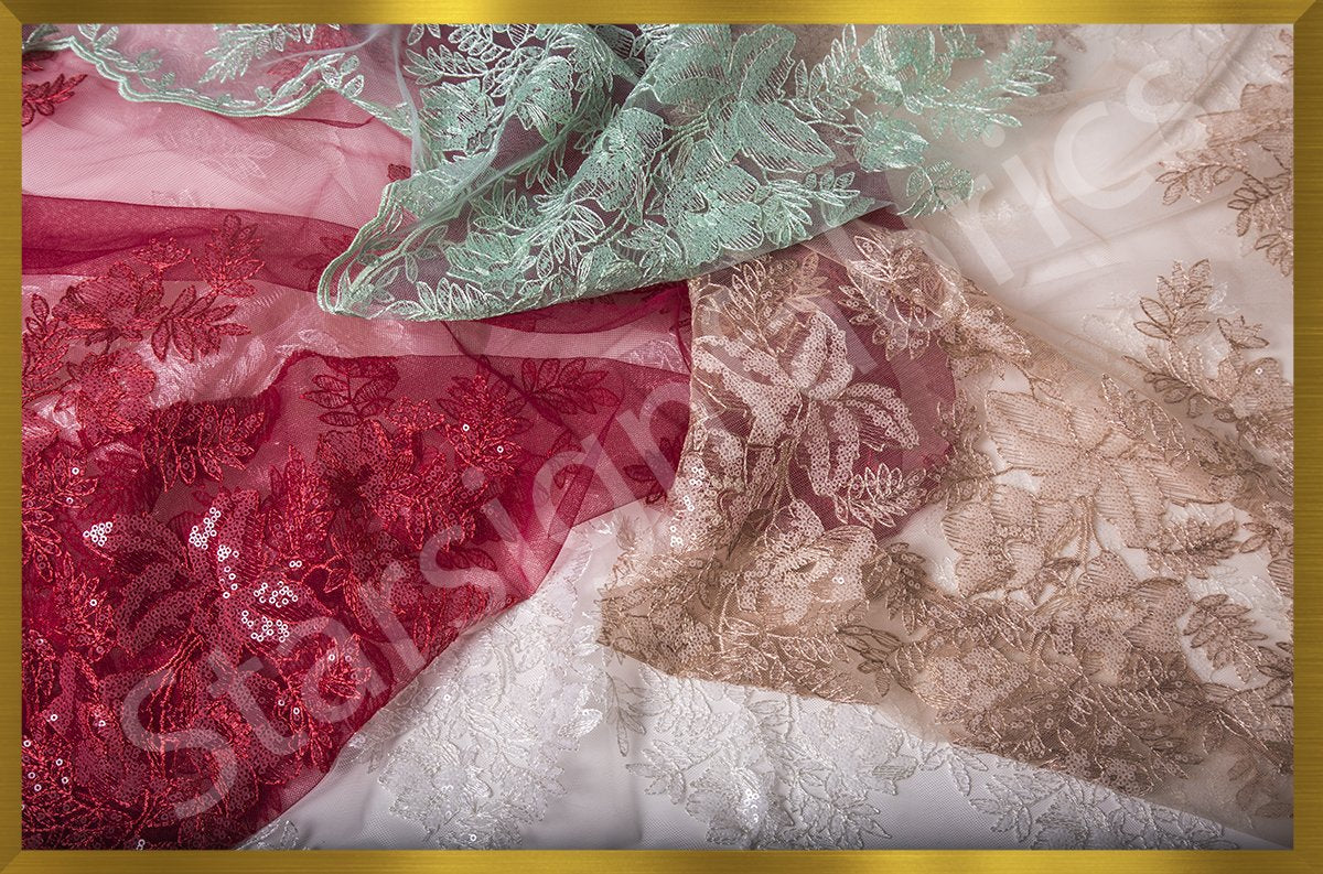 Şeffaf Pullu Çiçek Süslemeli Kumaş | Burç Kumaş