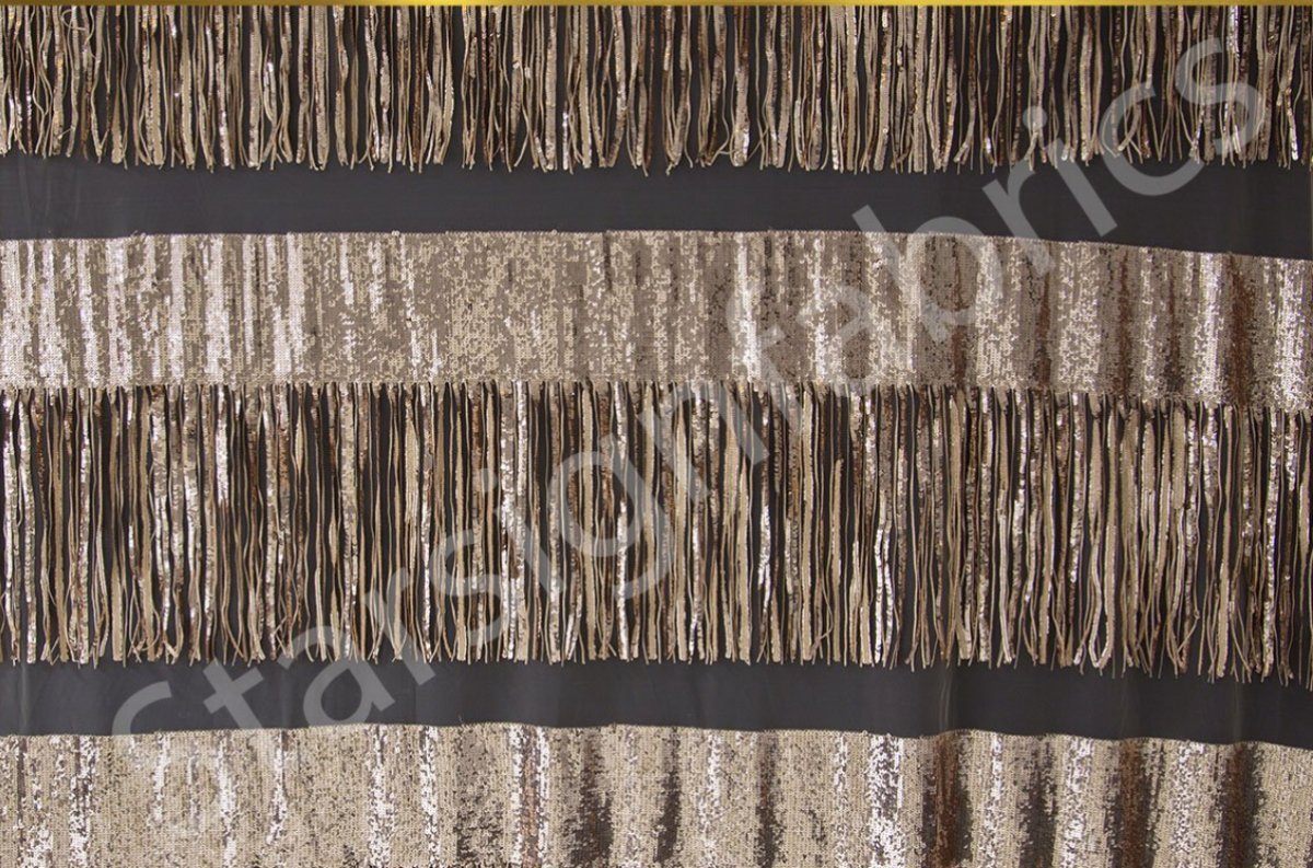 3D Uzun Saçaklı Trim Tasarım Payet Nakış Tül Kumaş | Burç Kumaş