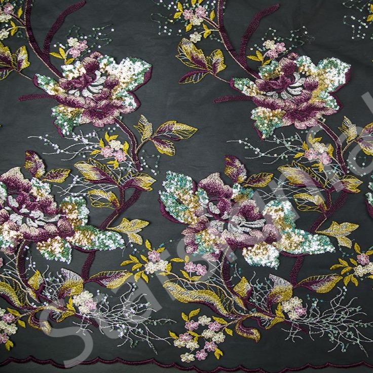 Payetli Renkli İplik Nakışlı Kumaş | Burç Kumaş