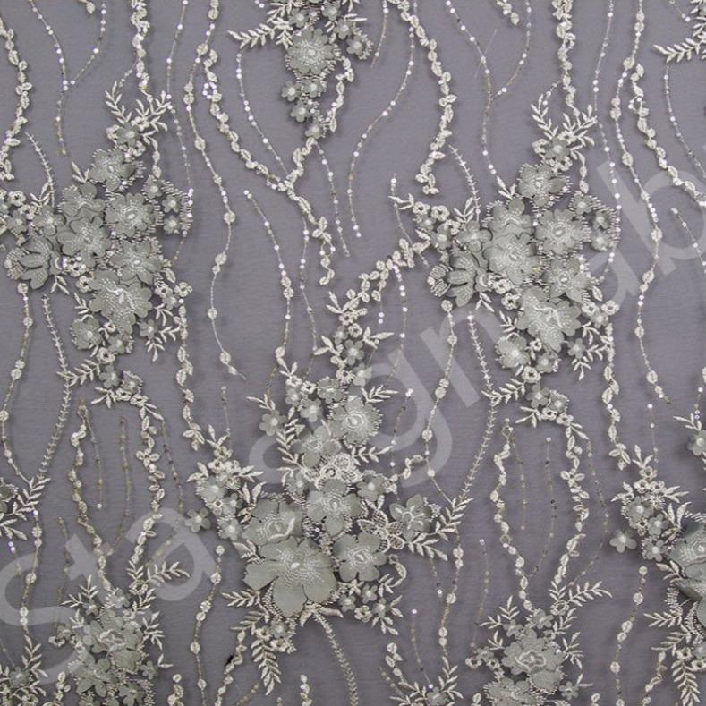 Haki Örgü Tabanda 3D Çiçek Tasarım Nakışlı Kumaş | Burç Kumaş