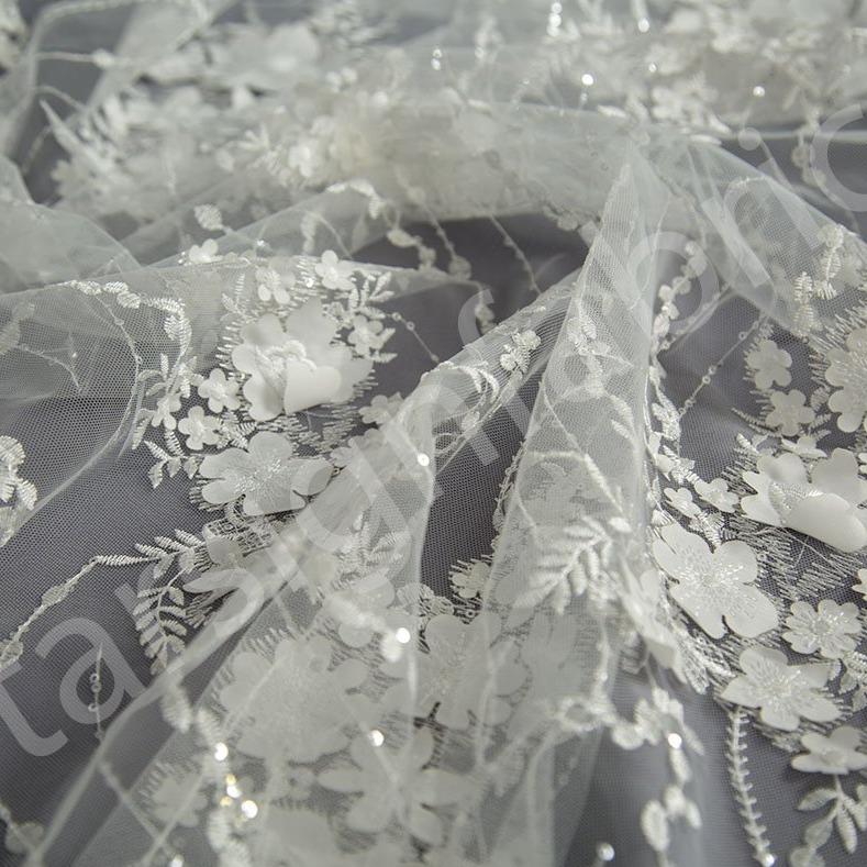 Örgü Tabanda 3D Çiçek Tasarım Nakışlı Kumaş | Burç Kumaş