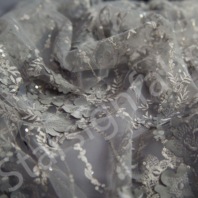 Örgü Tabanda 3D Çiçek Tasarım Nakışlı Kumaş | Burç Kumaş