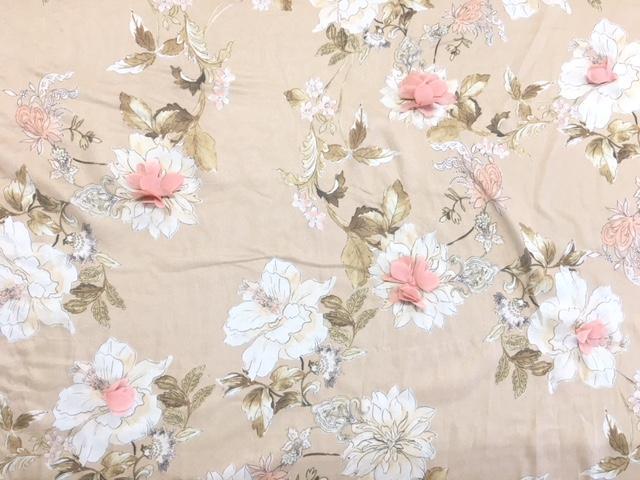 Bej 3D Çiçek Baskı Tasarımı Nakış Dokuma Kumaş | Burç Kumaş
