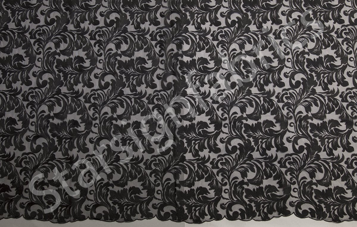 Kıvrımlı Yaprak Tasarım İplik Nakışlı Kumaş