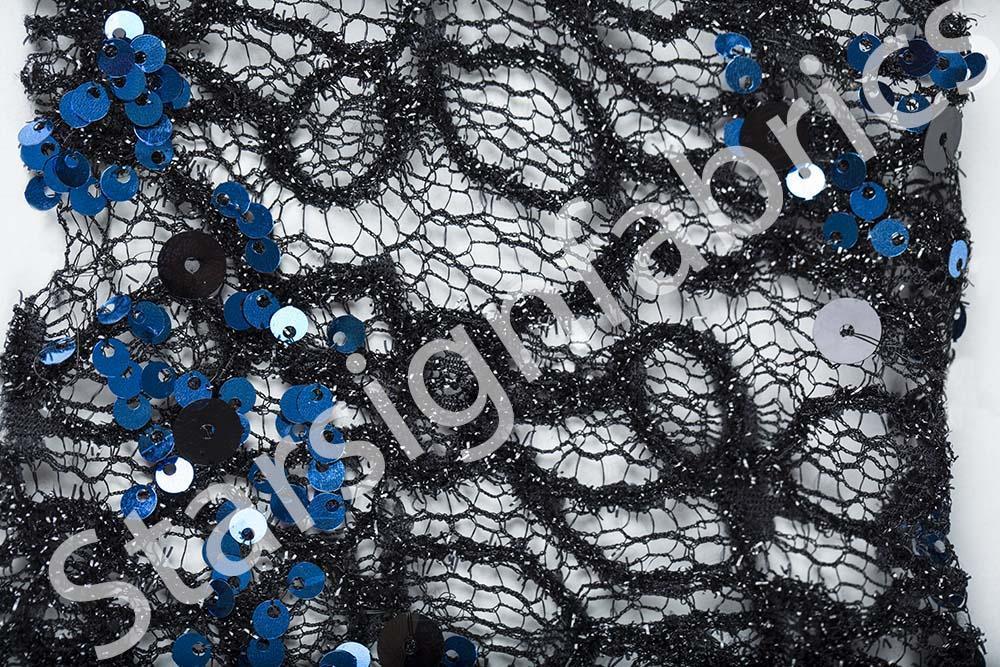 Kelebek Tasarımlı Saks Mavisi Pullu Dantel Nakış Kumaş | Burç Kumaş