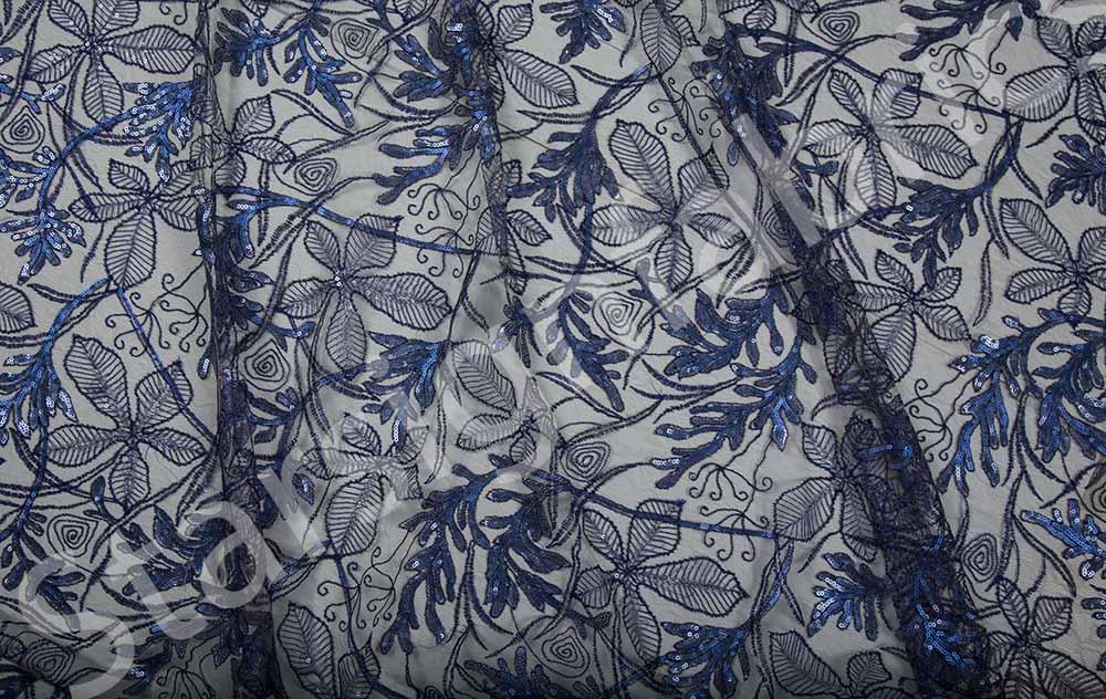 Cenevre Tarzı Lacivert Çiçek İşlemeli Dantel Kumaş | Burç Kumaş