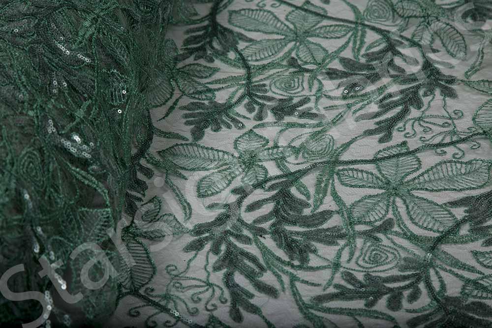 Cenevre Tarzı Yeşil Çiçek İşlemeli Dantel Kumaş | Burç Kumaş