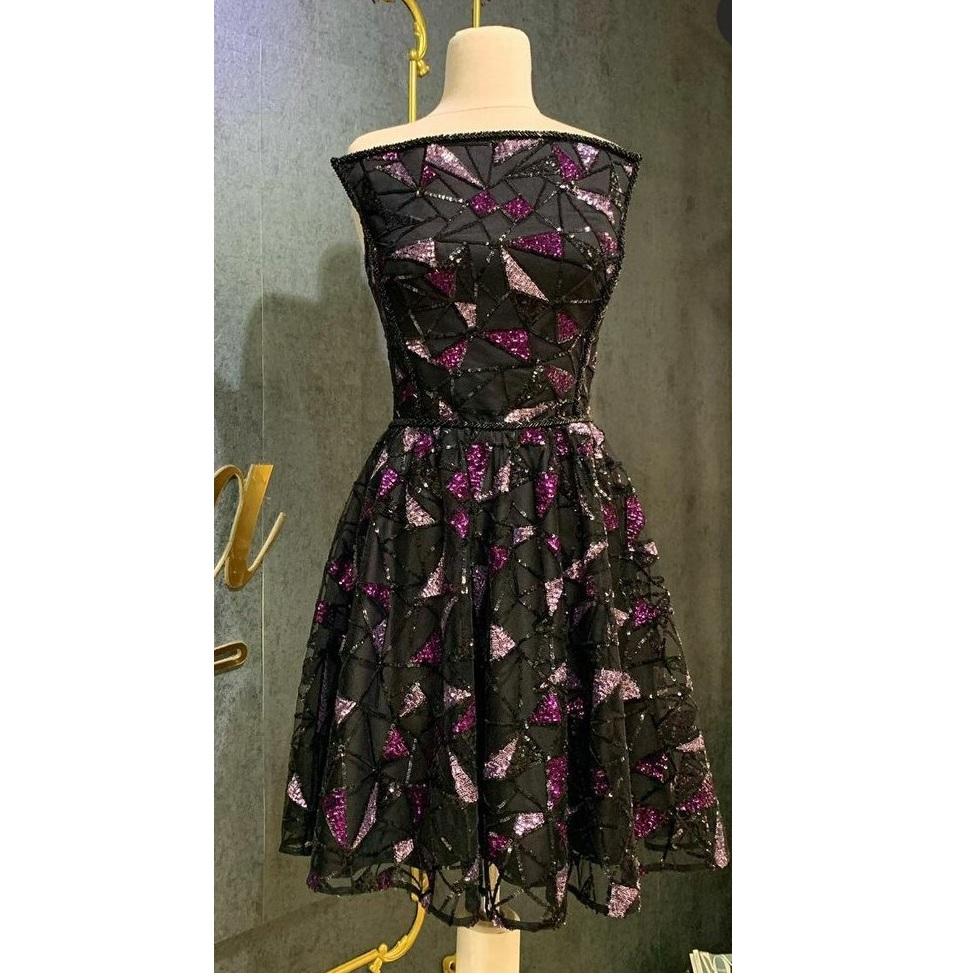 Mor Geometrik Renkli İplik Nakışlı Elbise | Burç Kumaş