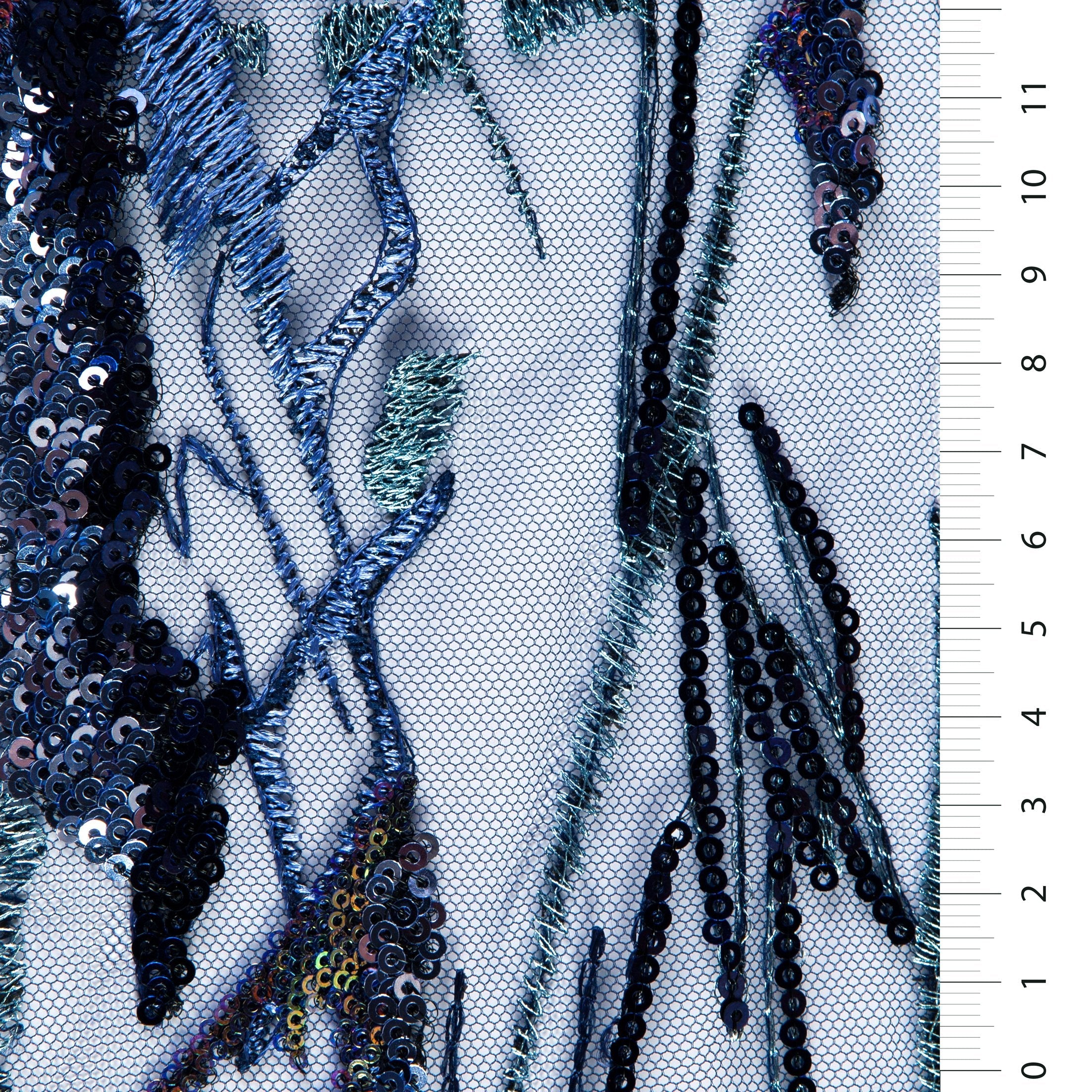 Lacivert Çiçekli Tasarım Renkli Pullu Nakış Tül Kumaş | Burç Kumaş