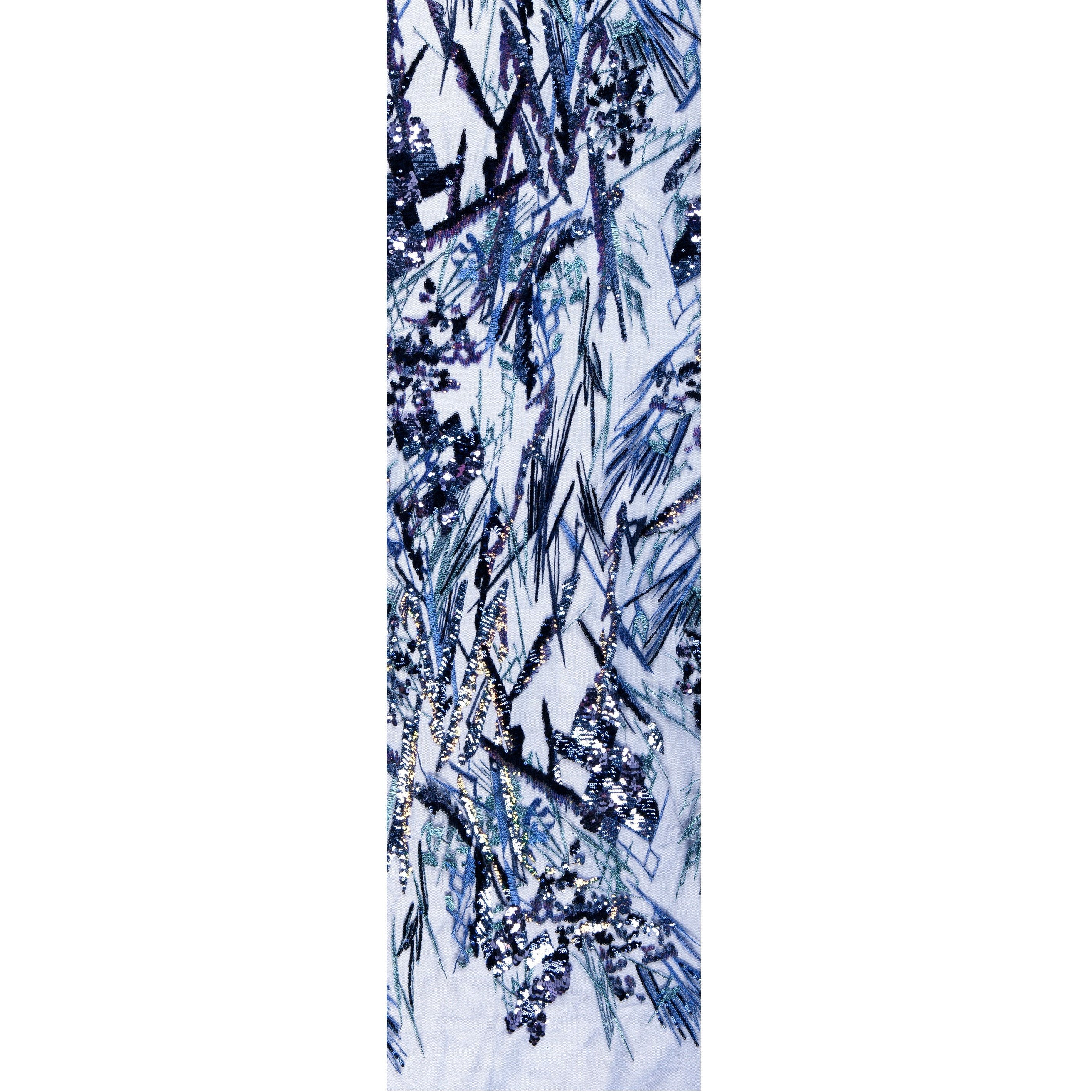 Mavi Çiçek Tasarımı Renkli Pullu Nakış Tül Kumaş | Burç Kumaş