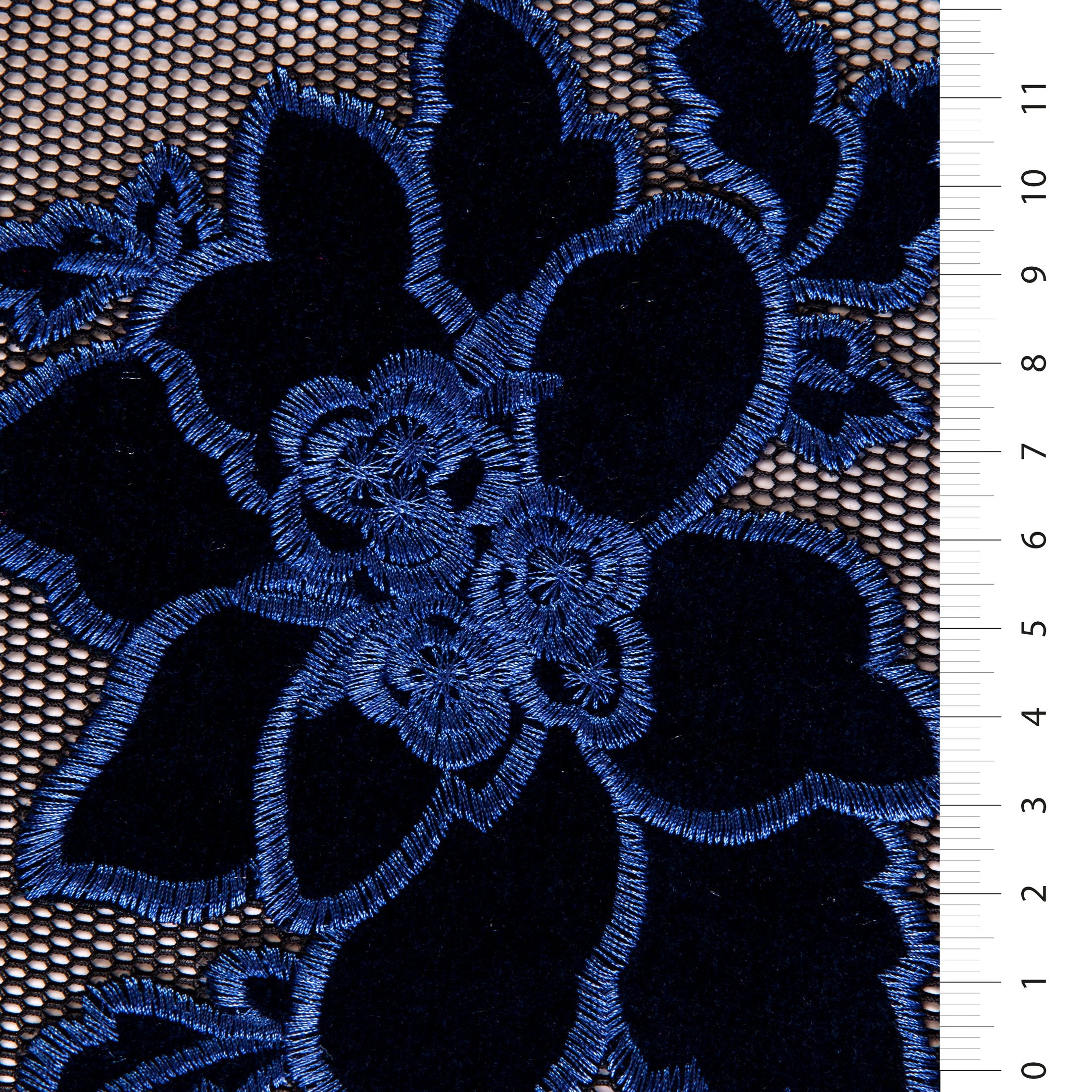 File Tül Üzerine Lacivert Kadife Çiçek İşlemeli Kumaş | Burç Kumaş