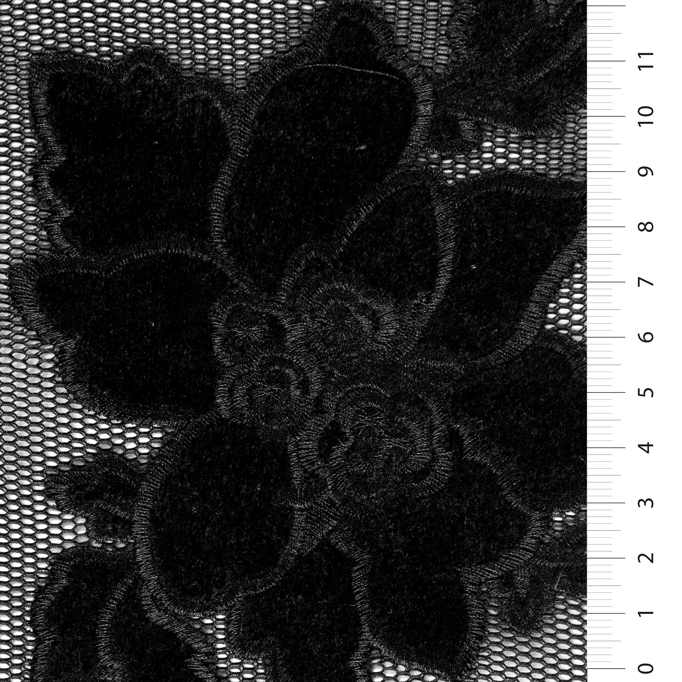 File Tül Üzerine Siyah Kadife Çiçek İşlemeli Kumaş | Burç Kumaş