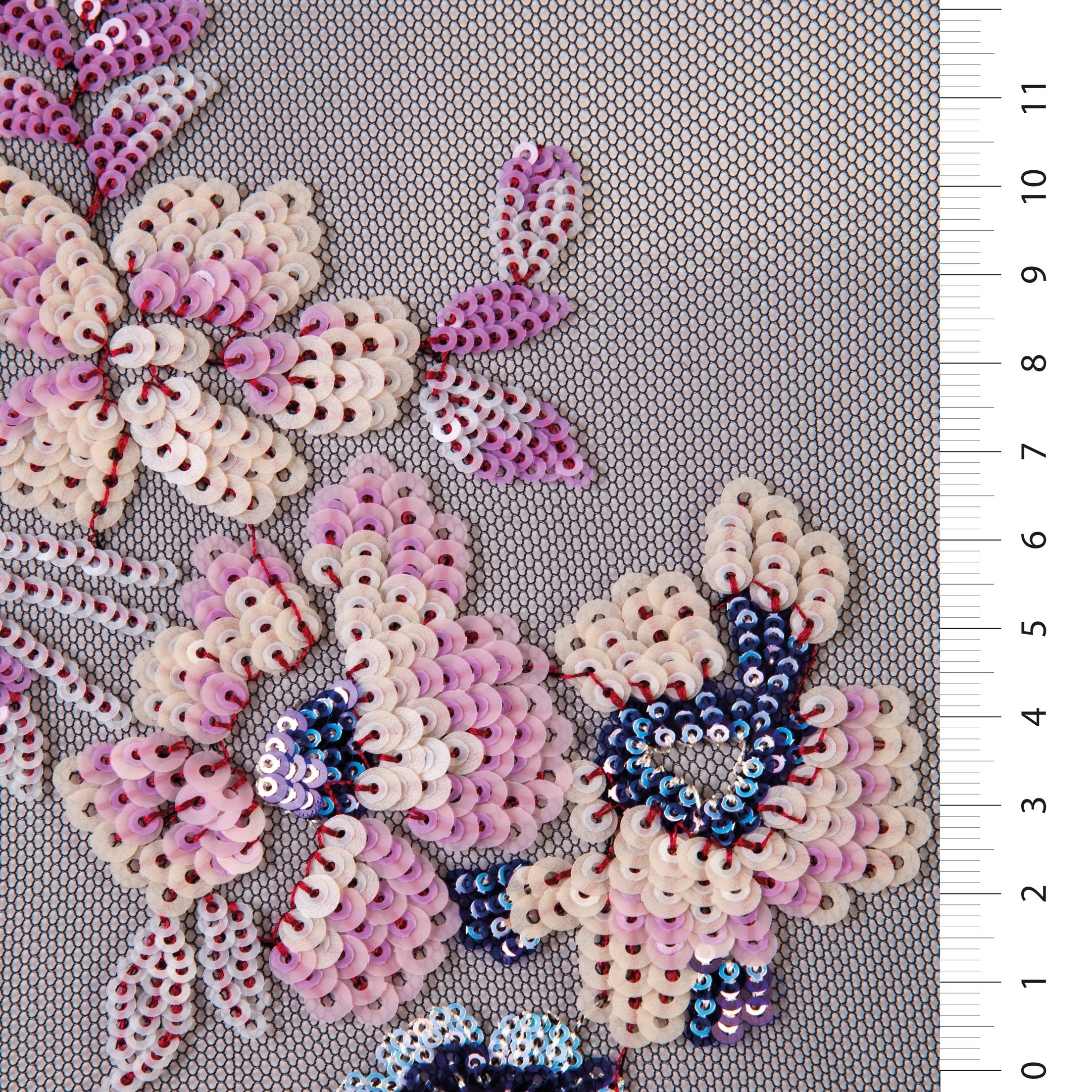 Pembe Çiçekli Renkli Payet İşlemeli Örgü Tül Kumaş | Burç Kumaş