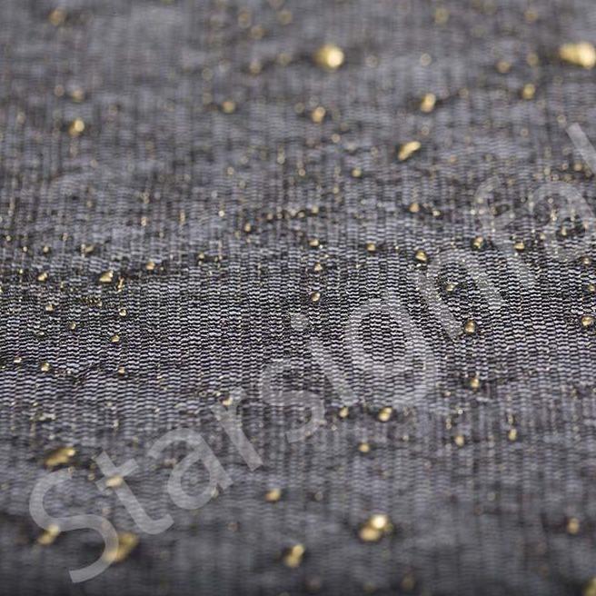 Siyah Gözyaşı Desenli Foil Baskı Simli Örme Tül Kumaş | Burç Kumaş