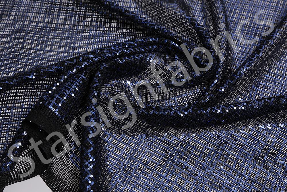 Lacivert-Siyah Pullu Kare Tasarım İşlemeli Kumaş | Burç Kumaş