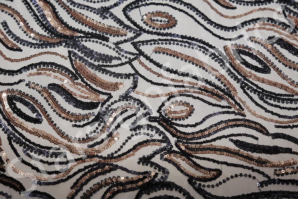Lacivert Dalgalı Tasarım Renkli Payetli Nakış Kumaş | Burç Kumaş