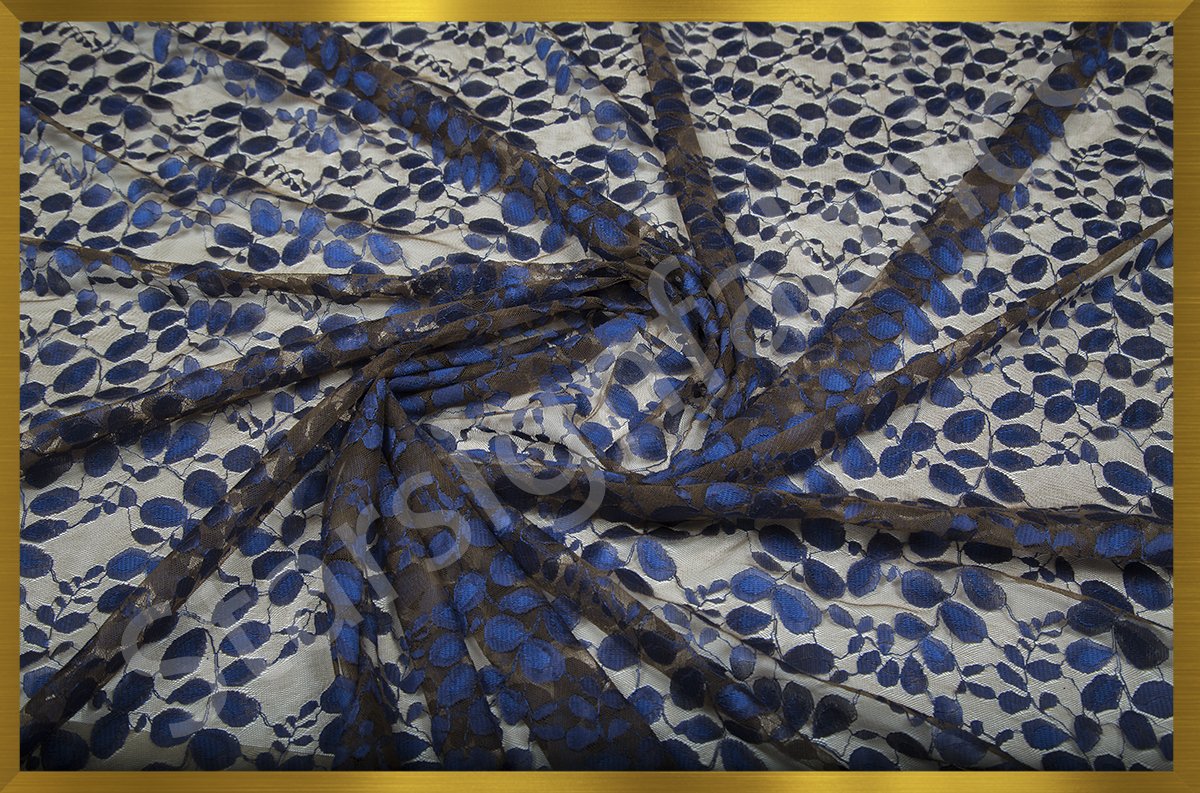Mavi Yaprak Tasarım Dantel Nakışlı Örgü Kumaş | Burç Kumaş