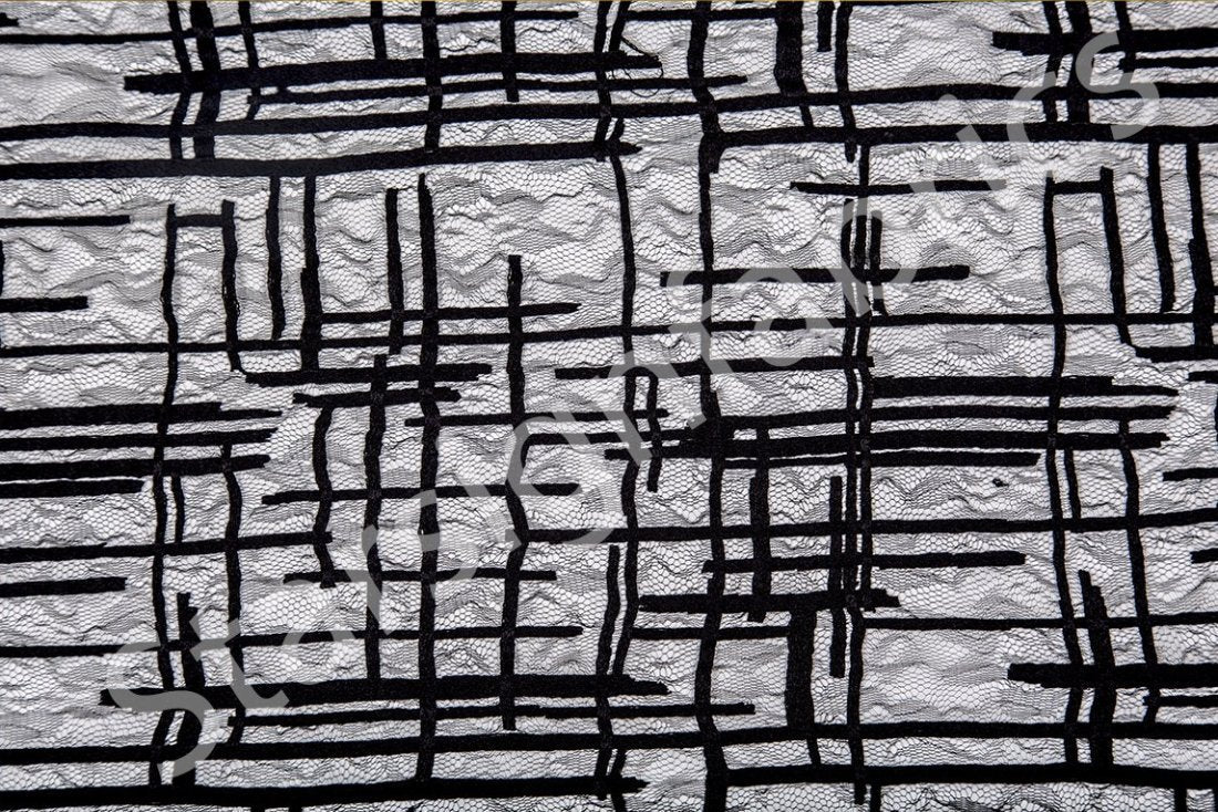 Siyah Geometrik Kısa Çizgi Rayon Nakışlı Dantel Kumaş | Burç Kumaş