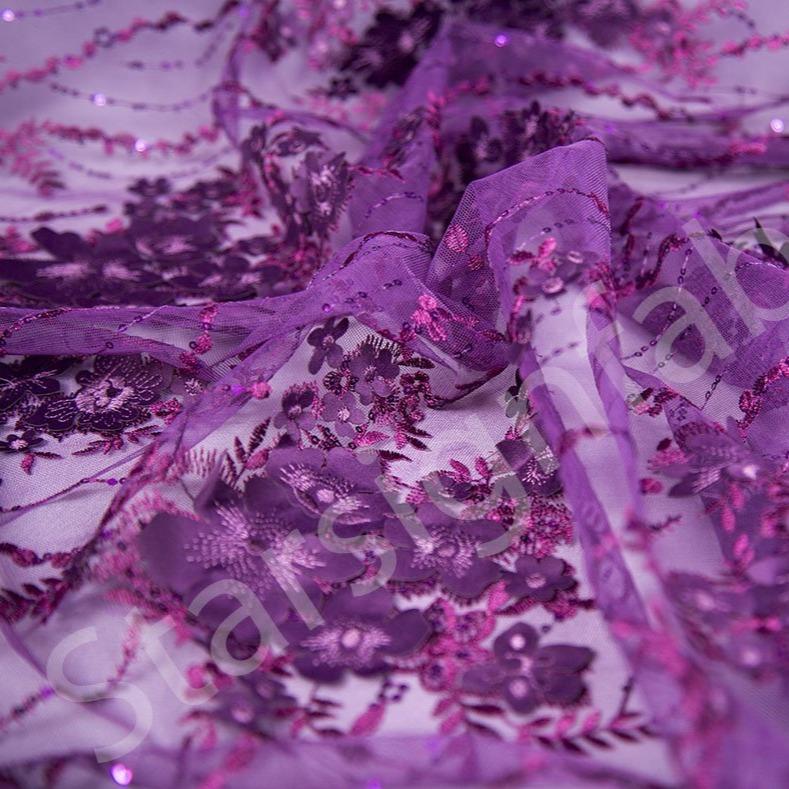 Mor Örgü Tabanda 3D Çiçek Tasarım Nakışlı Kumaş | Burç Kumaş