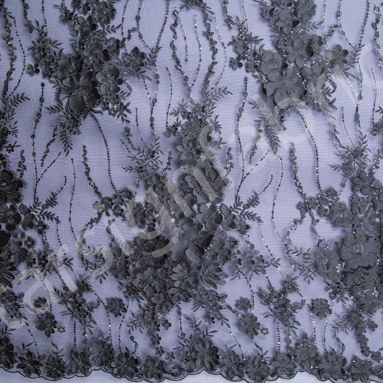 Siyah Örgü Tabanda 3D Çiçek Tasarım Nakışlı Kumaş | Burç Kumaş